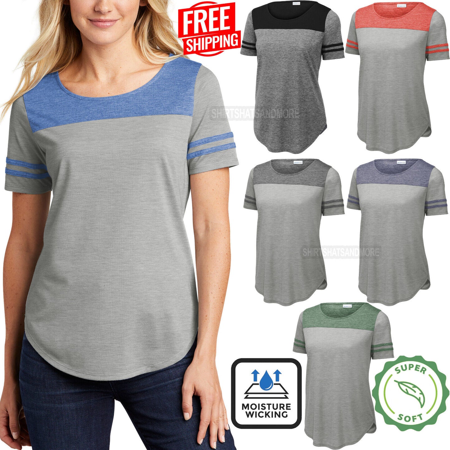 Womens Team Tri Blend T-Shirt Contrast Stripe Sleeves Wicking Ladies Tee XS-4XL