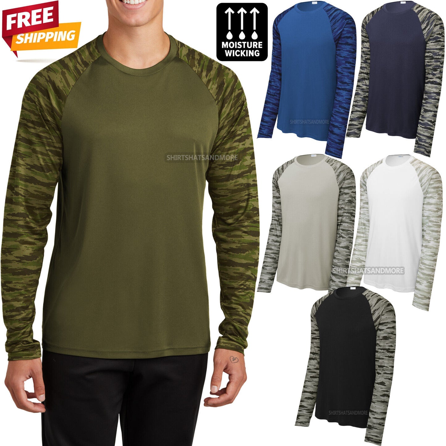 Mens Long Sleeve Color Block Camo Print Tee UPF30 Moisture Wicking T-Shirt XS-4X