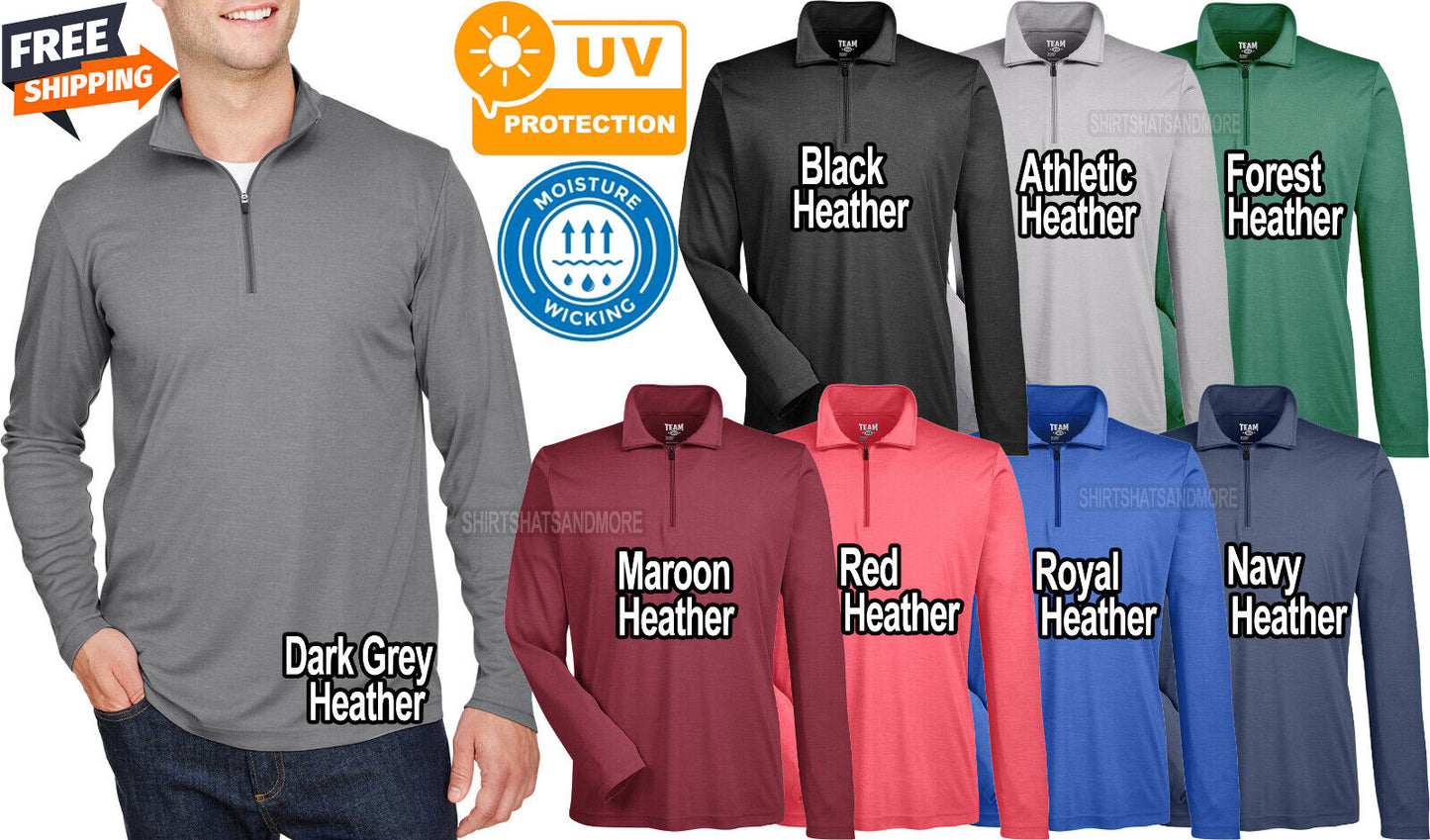 Mens Heather Long Sleeve QuarterZip Moisture Wicking UV Sun Protect Pullover Top