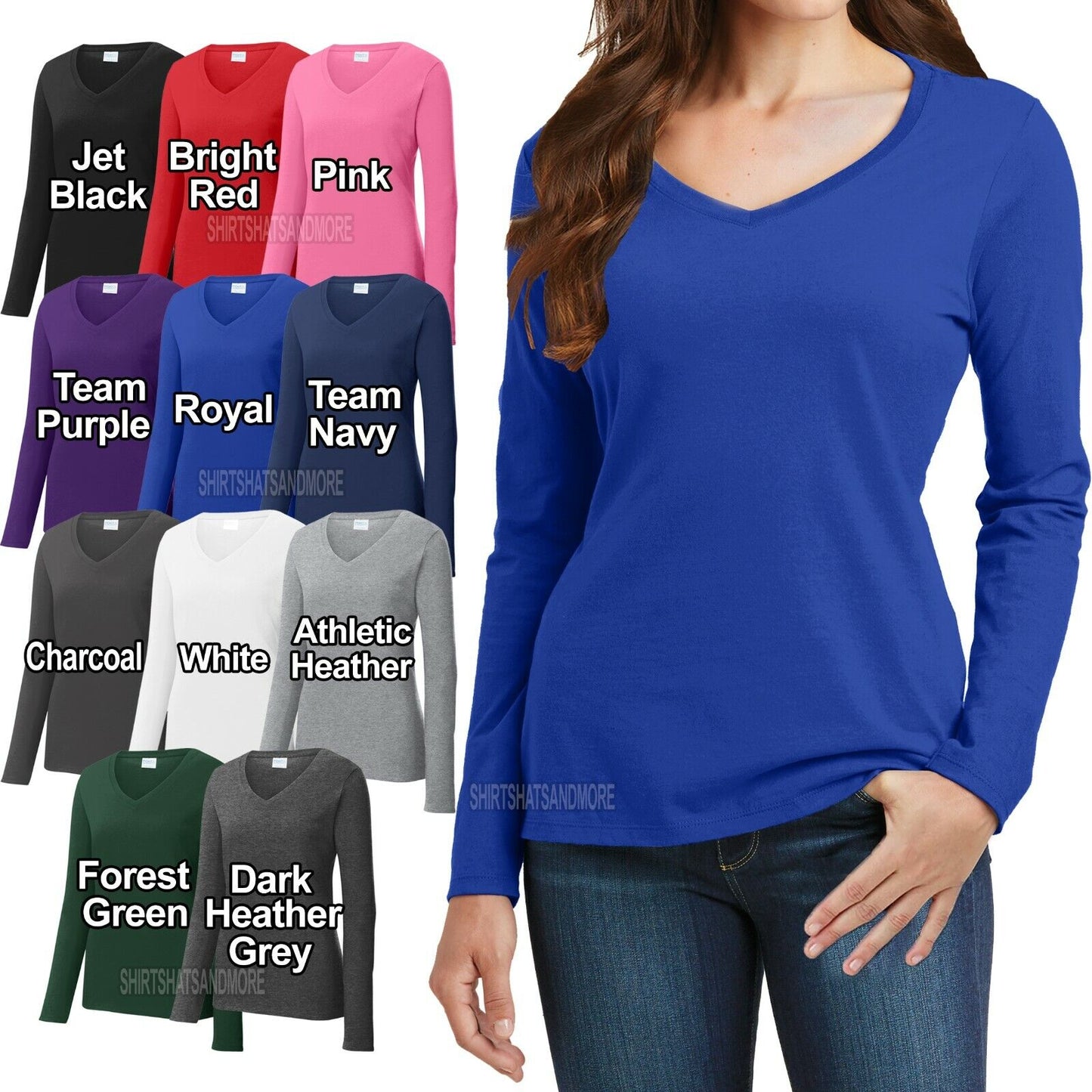 Ladies Plus Size Long Sleeve V-Neck T Shirt Cotton Womens Top Tee XL, 2X, 3X, 4X