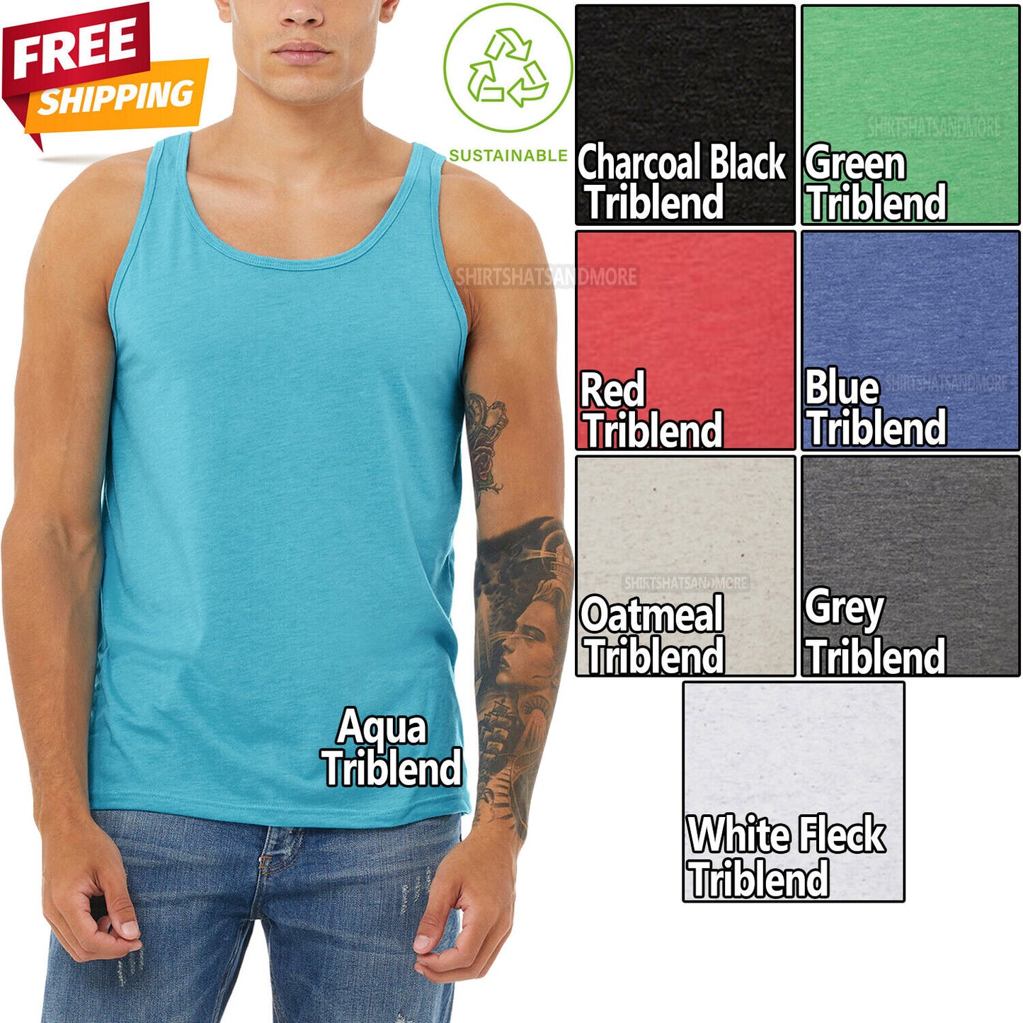 Mens Triblend Tank Top Sleeveless Workout Blended Tee Preshrunk T-Shirt XS-2XL