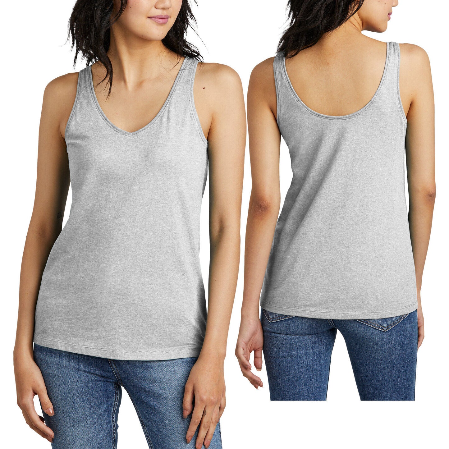 Womens Soft Blended Heather V-Neck Tank  Scoop Back Detail Ladies Top XS-4XL NEW