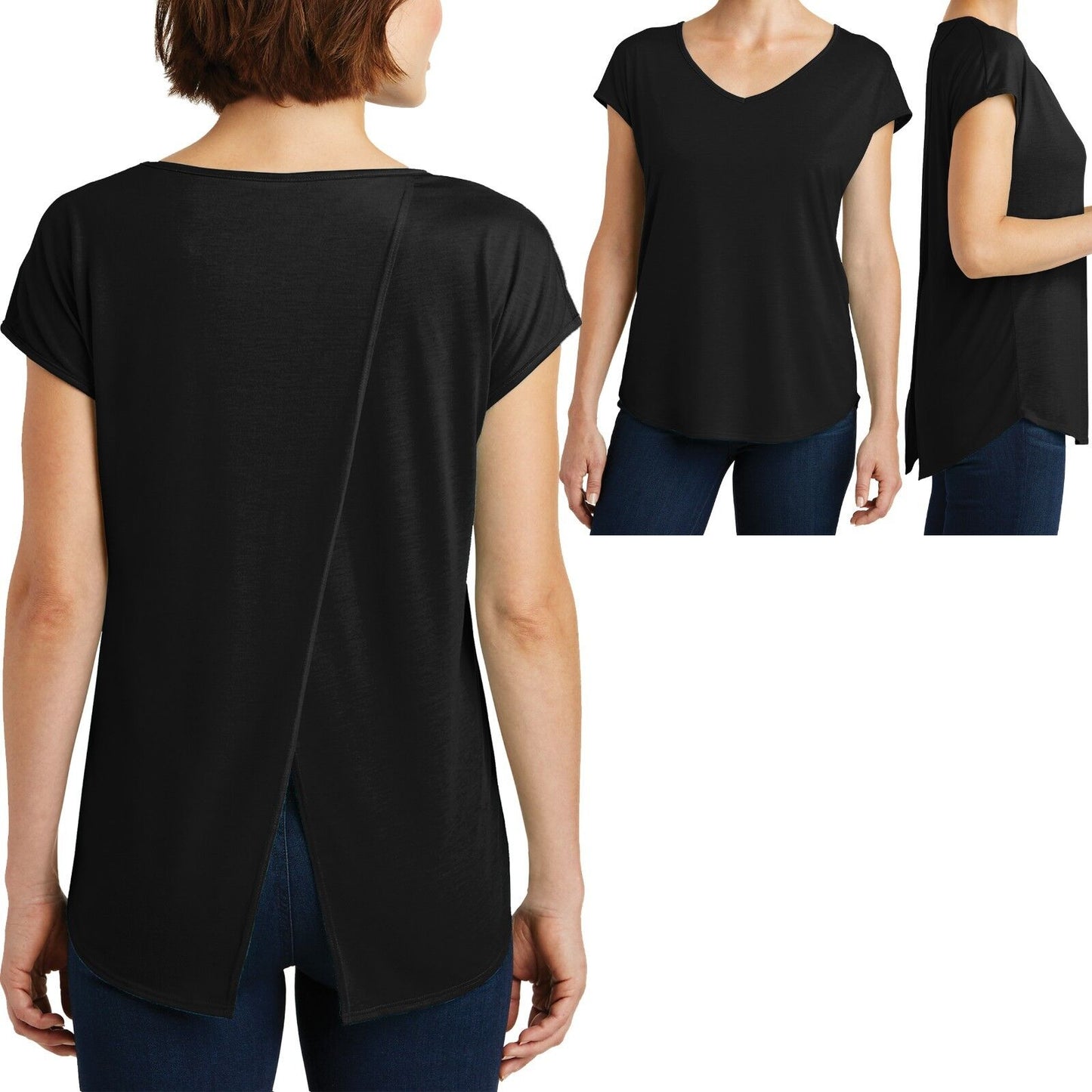 Ladies V-Neck T-Shirt Drapey Cross Back Tee Dolman Sleeves Womens XS, S, M, L XL