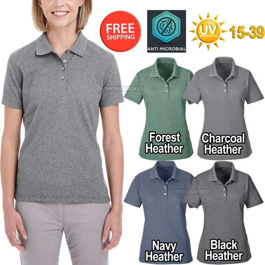 Ladies Antimicrobial Moisture Wicking Heathered Pique Polo UV 15-39 Womens XS-3X