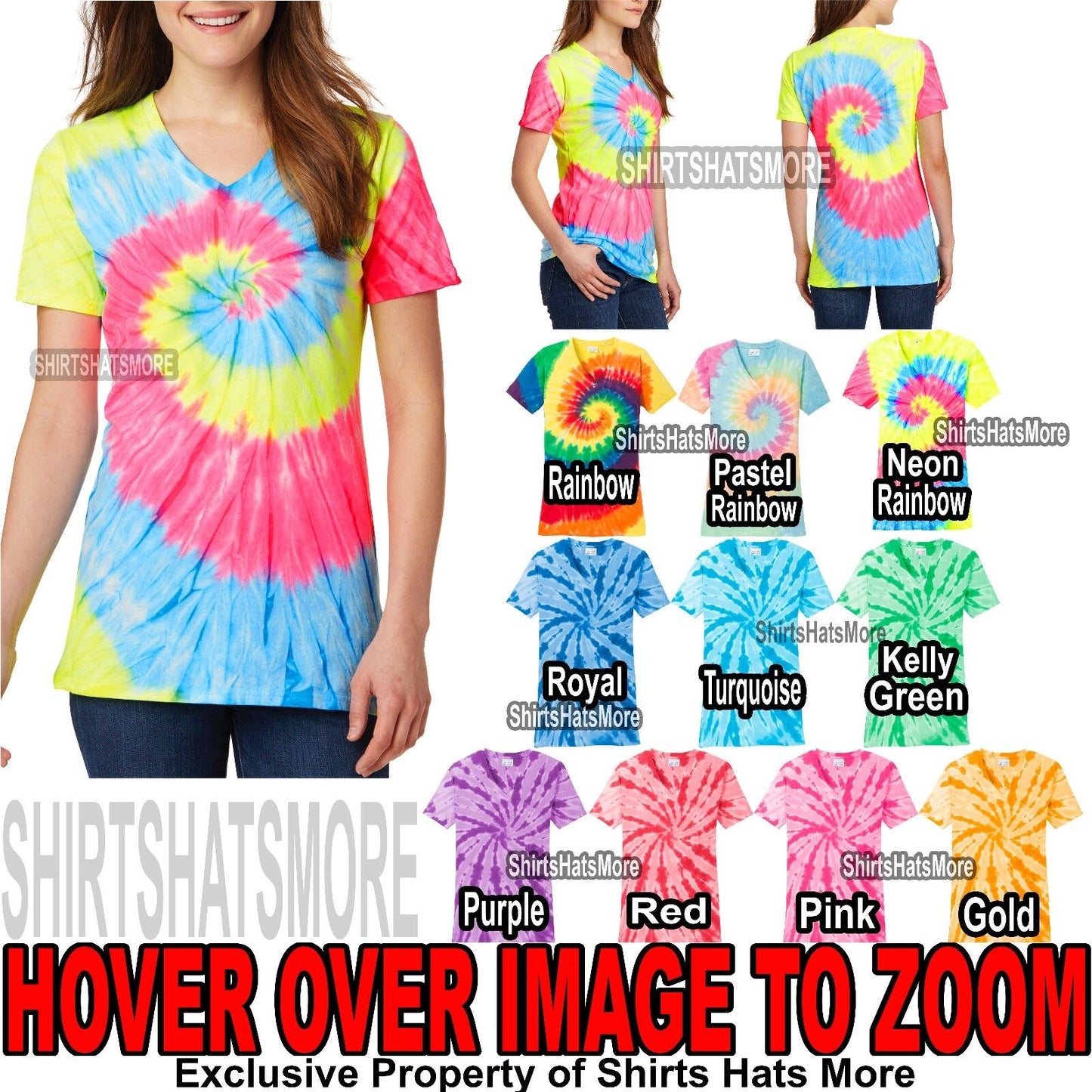 Ladies Tie Dye V-NECK Cotton T-Shirt Tye Die Womens XS, S, M, L, XL, 2XL 3XL 4XL