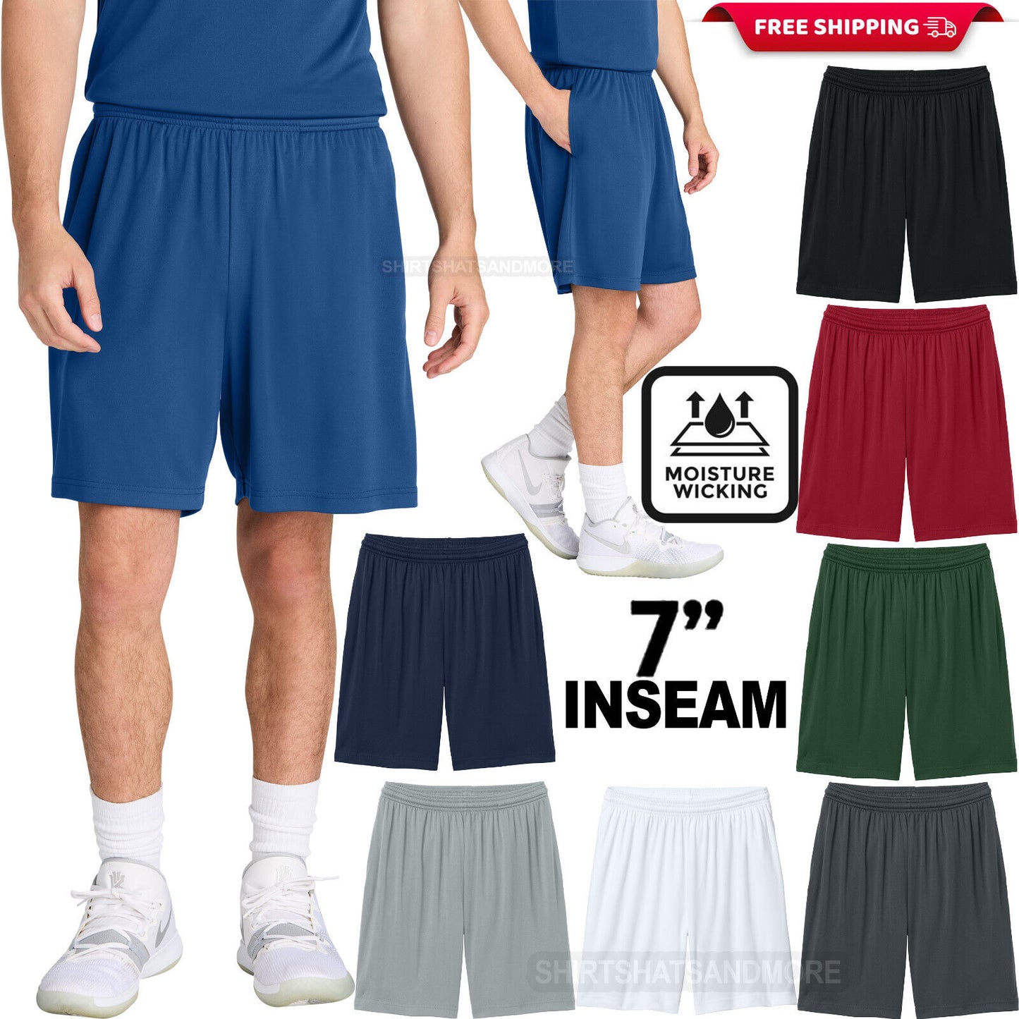Mens Moisture Wicking 7 Inch Inseam Pocketed Shorts Elastic Waistband XS-4XL NEW