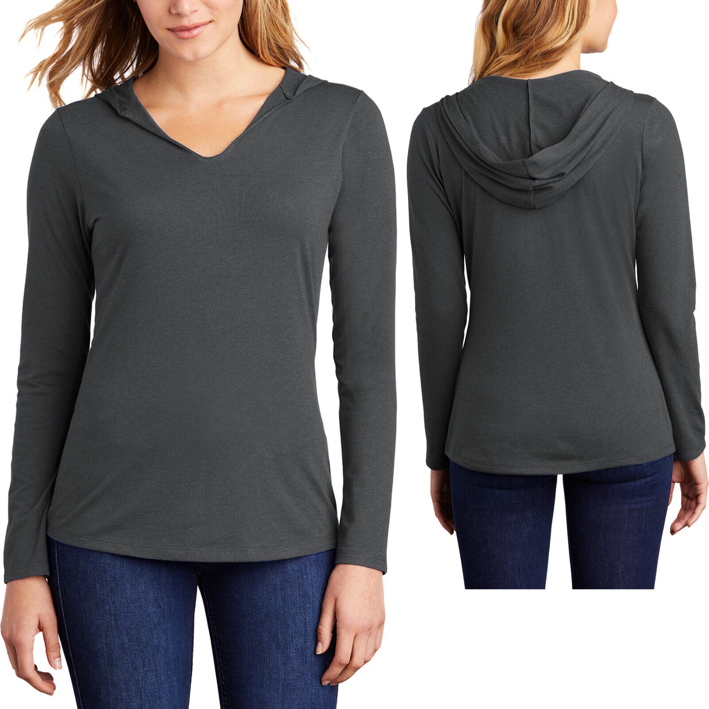 Ladies Long Sleeve Hooded T-Shirt Lightweight Tri Blend Womens Hoodie Tee XS-4XL