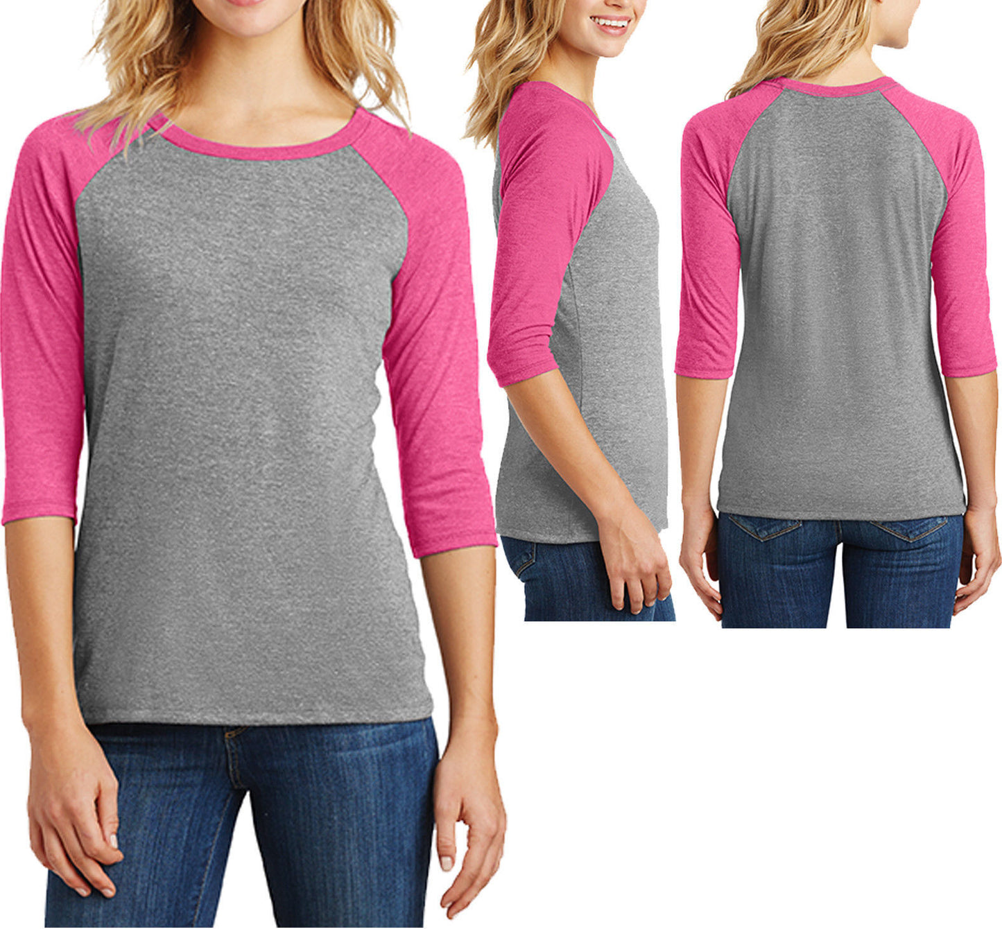 Ladies 3/4 Sleeve Tri Blend T-Shirt Raglan Tee Womens XS-XL 2XL, 3XL, 4XL NEW