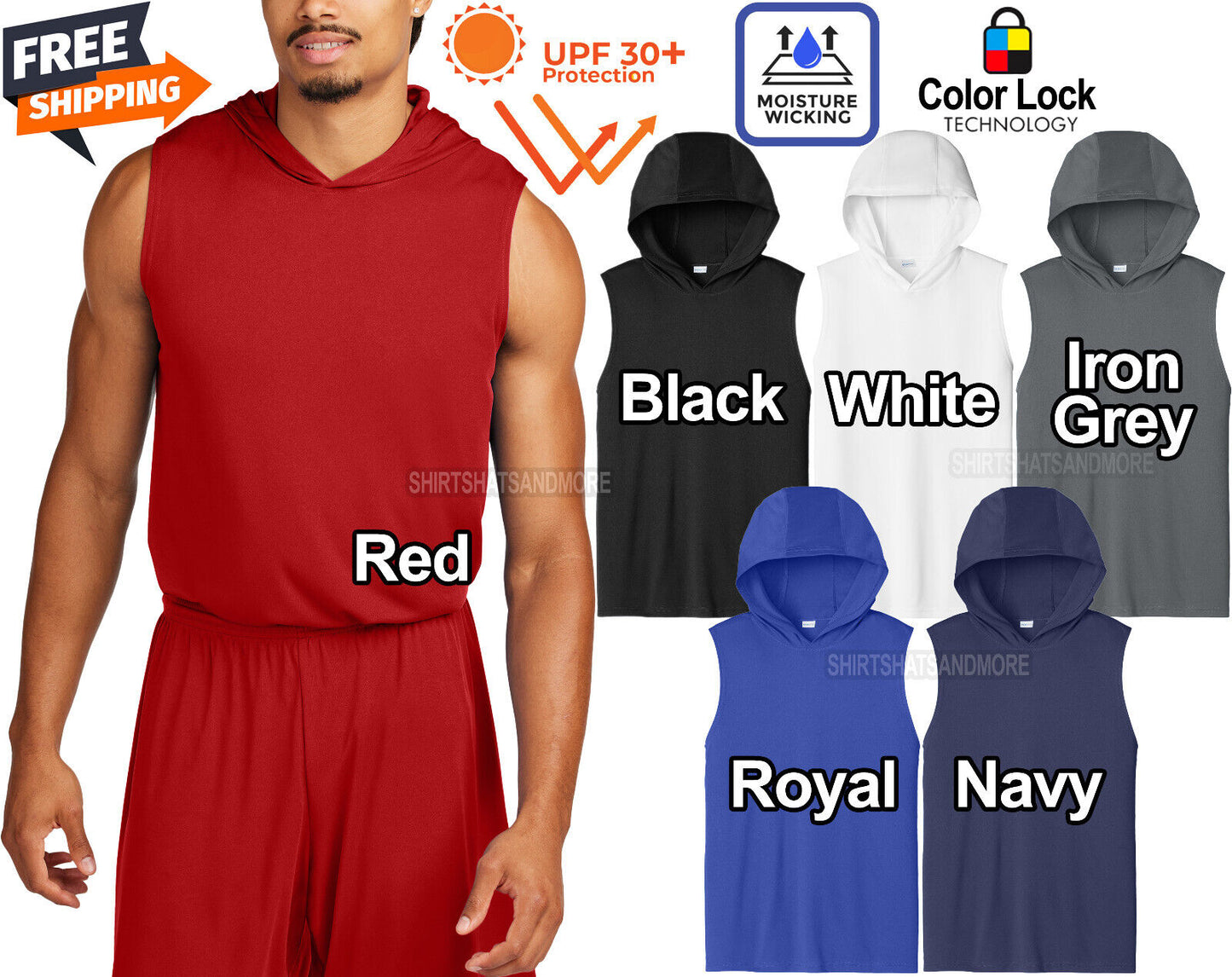 Mens Moisture Wicking Dri Fit Sleeveless Hoodie Tee UPF30+ Gym Hoody Tank XS-4XL