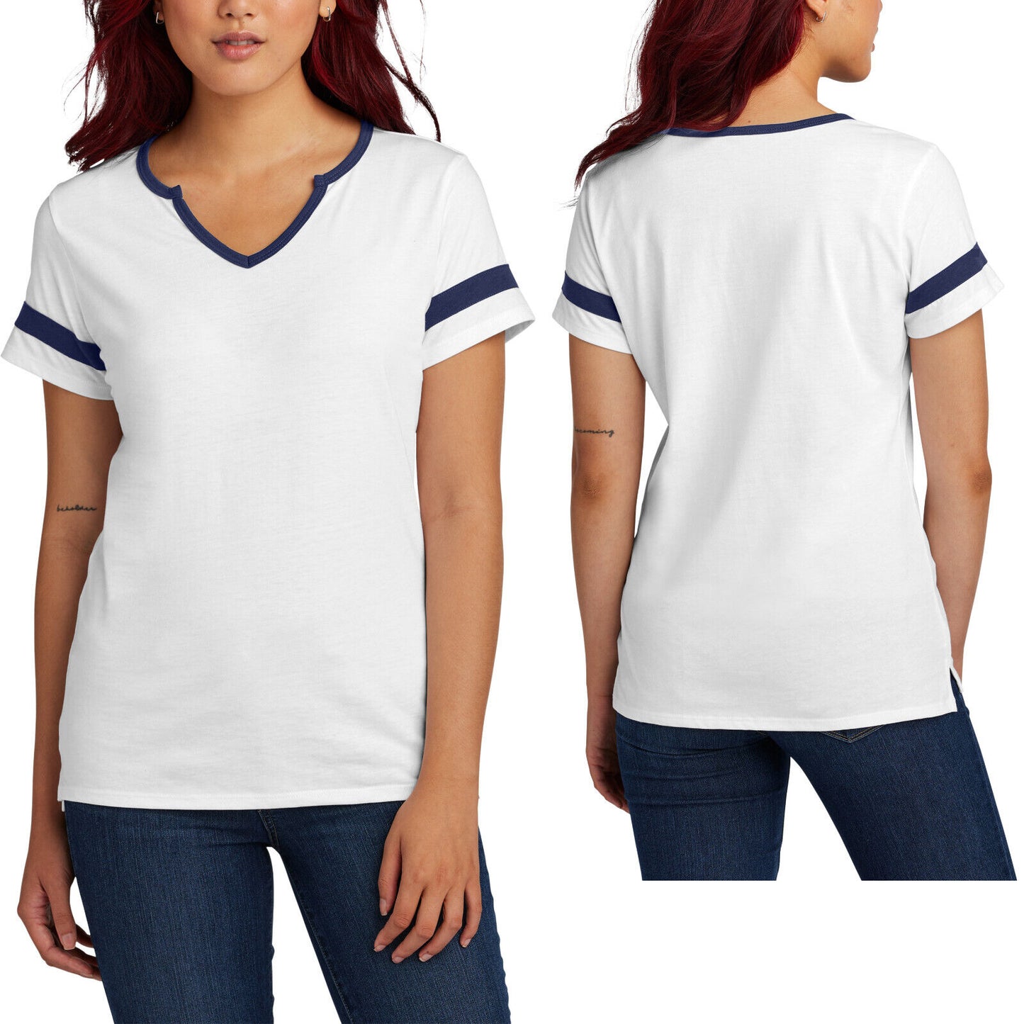 Womens Team Notch Neck Colorblock Sleeve T-Shirt Ladies Soft Blend Tee XS-4XL