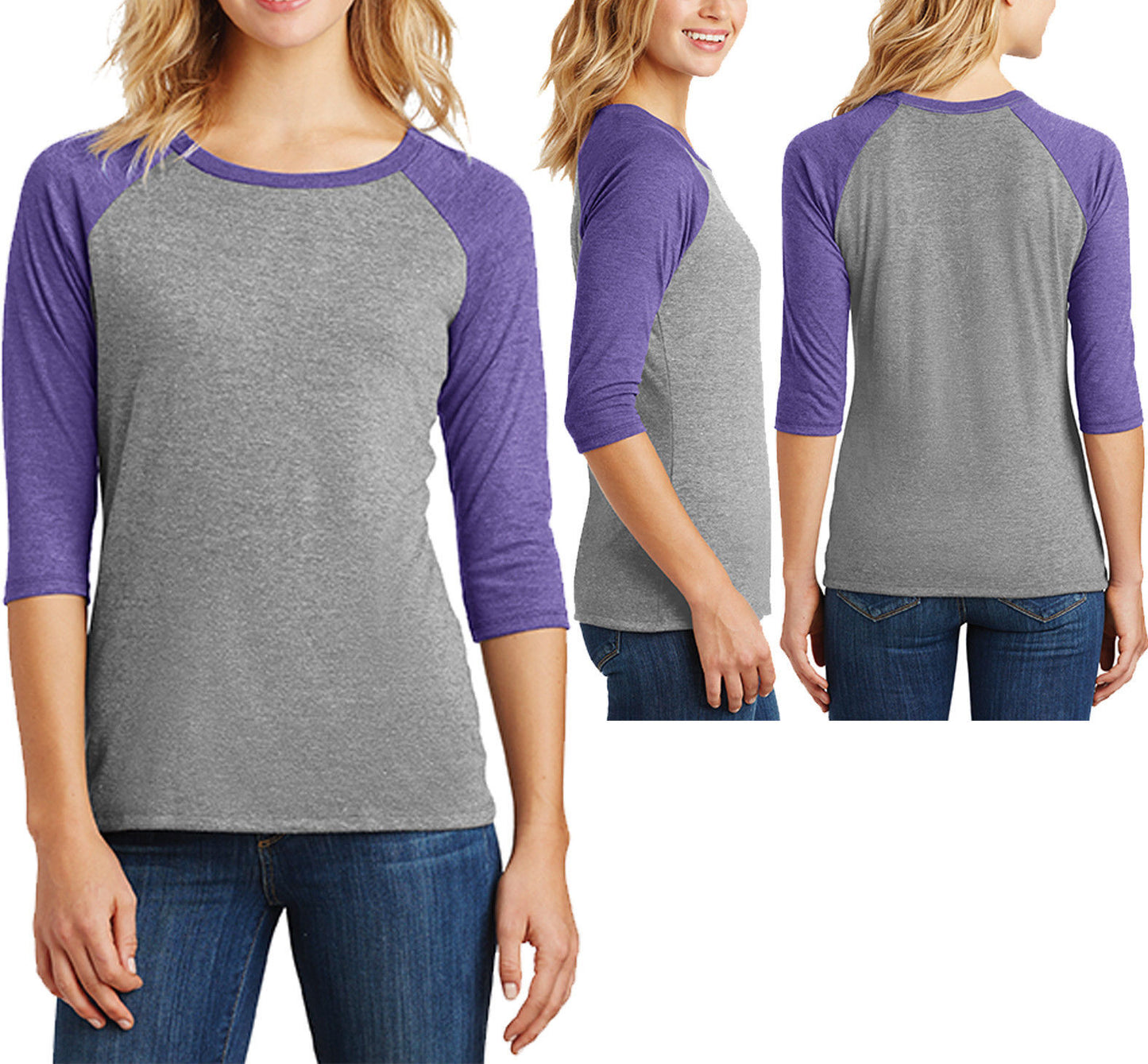 Ladies 3/4 Sleeve T-Shirt Raglan Tri Blend Tee Womens XS-XL 2XL, 3XL, 4XL NEW