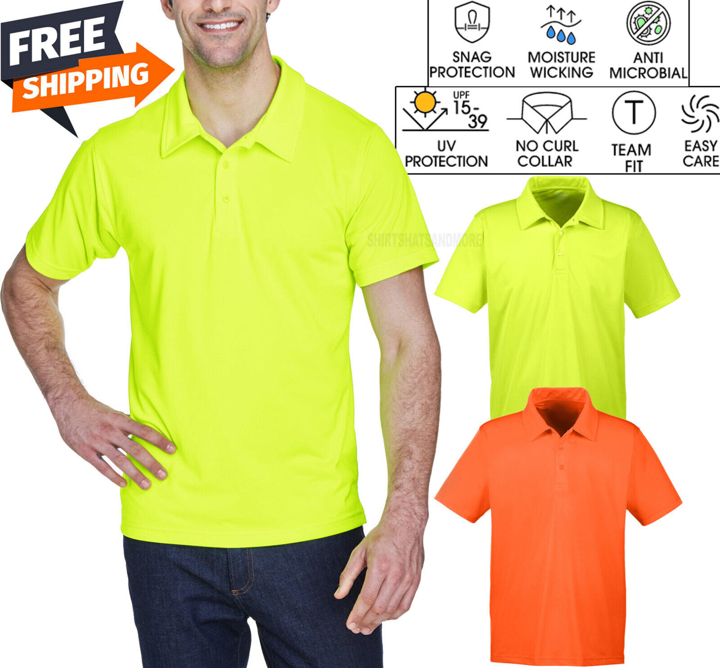 Mens Safety Moisture Wick Polo Shirt Snag UV Sun Protection Antimicrobial XS-4XL