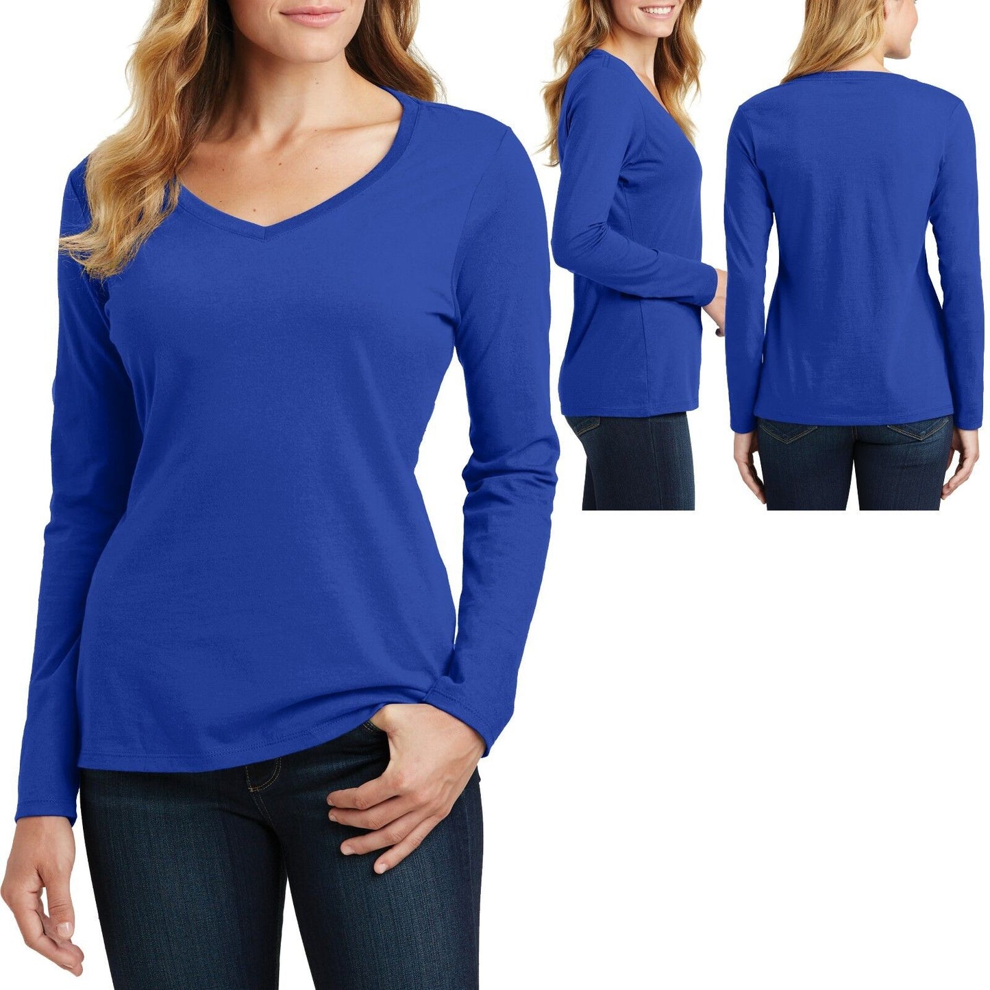 Ladies V-Neck T-Shirt Long Sleeve Womens Top Soft Cotton Tee XS-XL 2XL, 3XL, 4XL