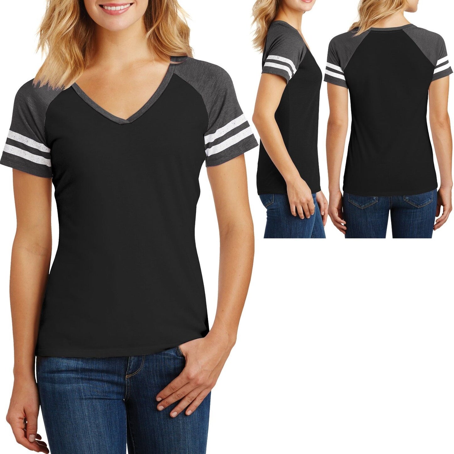 Ladies V-Neck Sleeve Stripe T-Shirt Game Day Womens Tee XS-XL, 2XL, 3XL, 4XL NEW