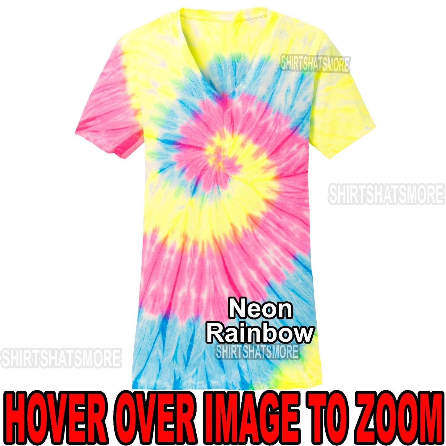 Ladies NEON Tie Dye V-NECK T-Shirt Tye Die Womens XS, S, M, L, XL, 2XL 3XL 4XL