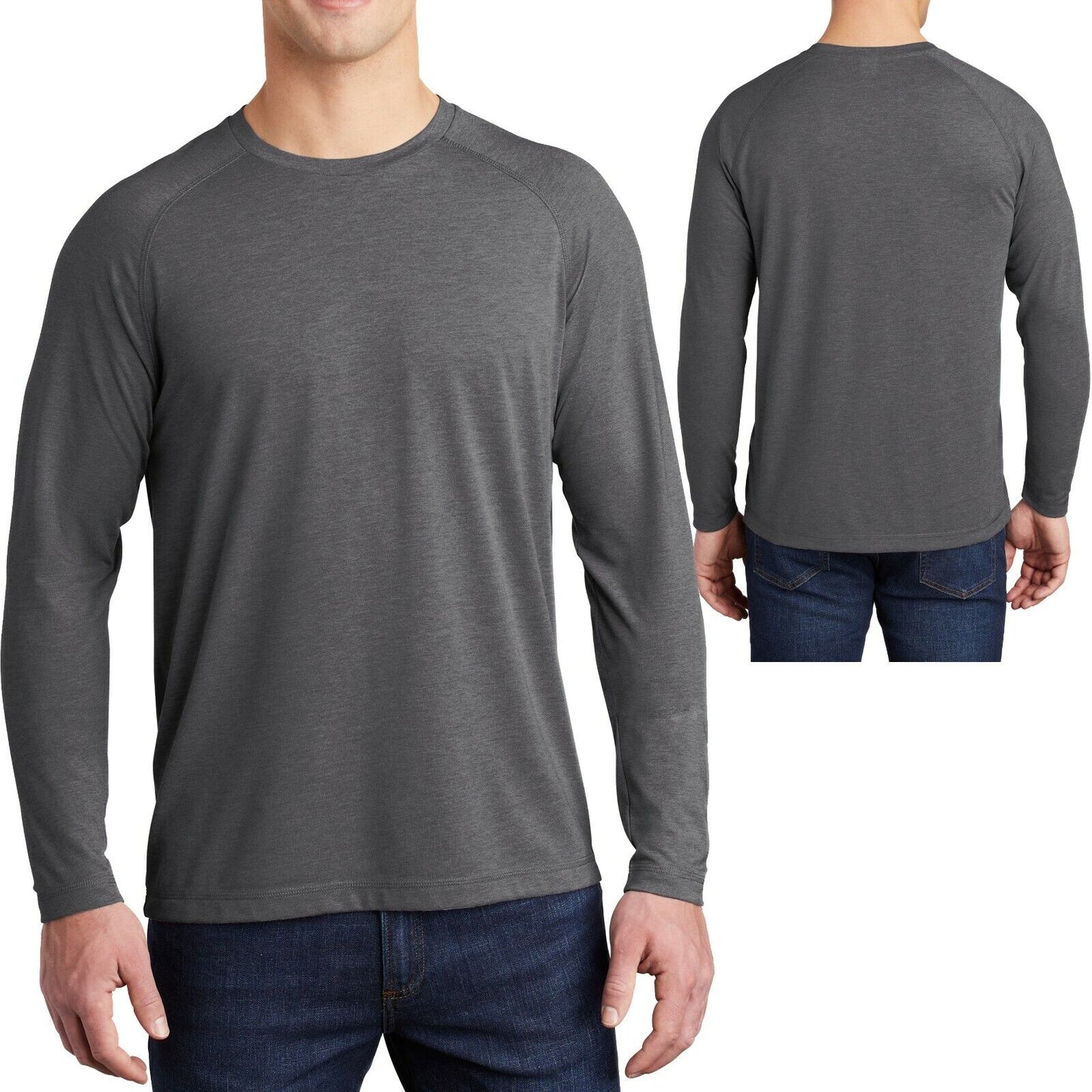 Mens Long Sleeve Tri Blend T-Shirt Moisture Wicking Tee XS-XL 2XL, 3XL, 4XL NEW