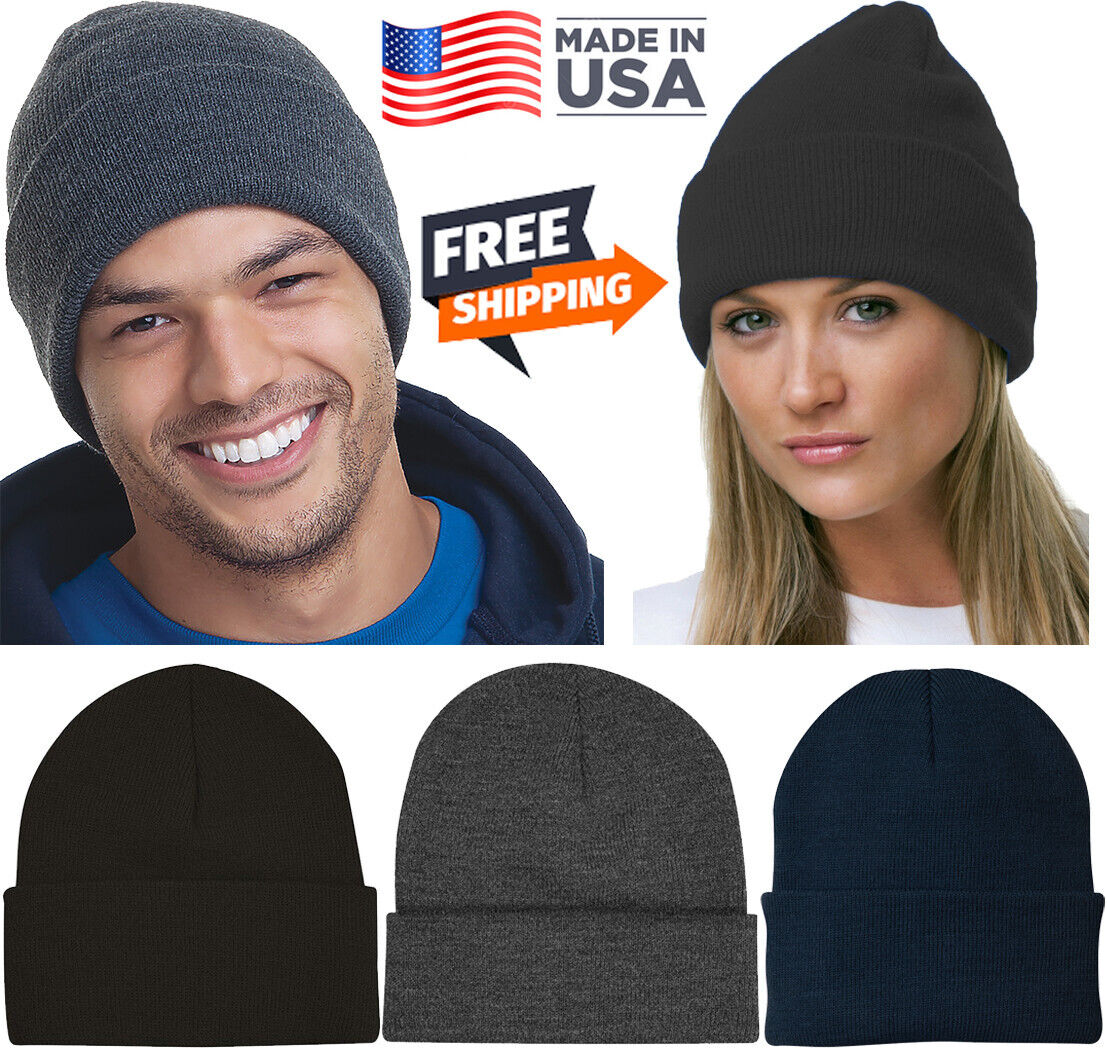 USA Made Mens Ladies Knit Cuff Beanie Winter Fall Warm Headwear NEW!