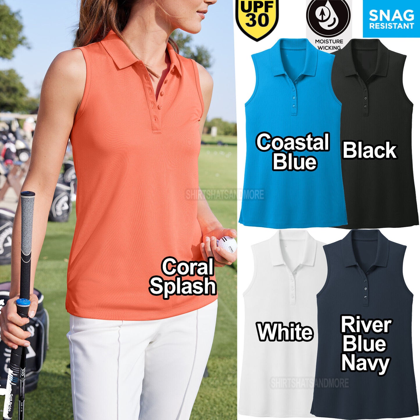 Womens Moisture Wicking Sleeveless Polo Top Ladies UPF30 Shirt Snag Resist XS-4X