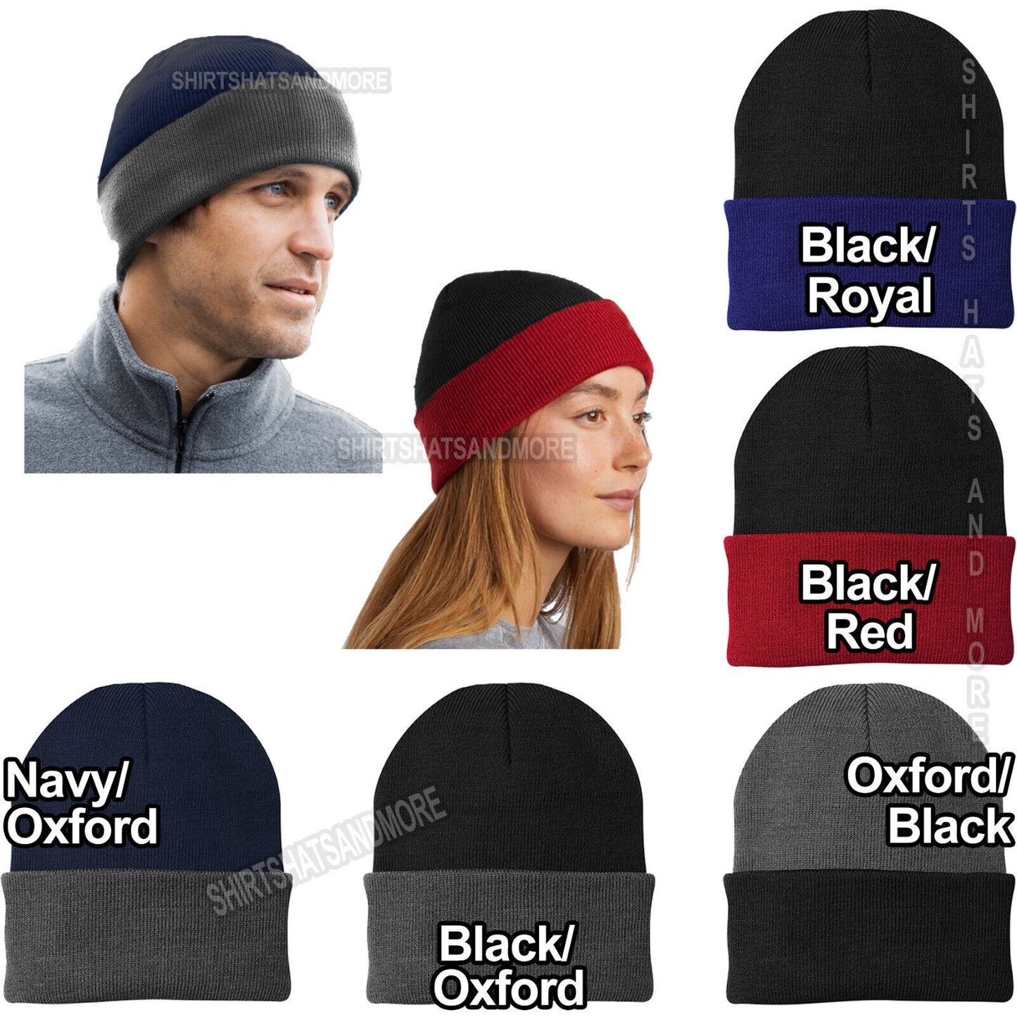 Color Block Winter Cuffed Beanie Knit Skull Cap Hat Unisex Mens Womens Ski Sport