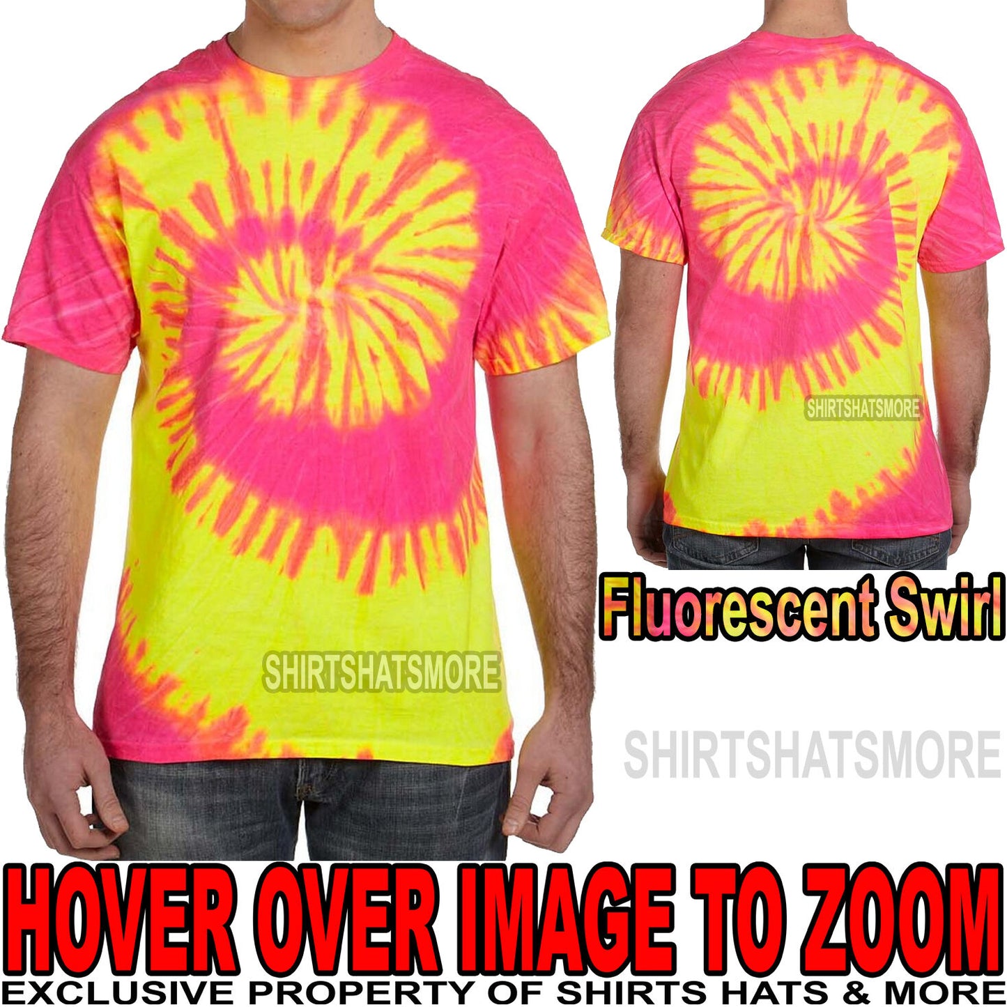 Mens Fluorescent Swirl Tie-Dye T-Shirt 100% Cotton Adult Tye Die Tee S, M, L XL