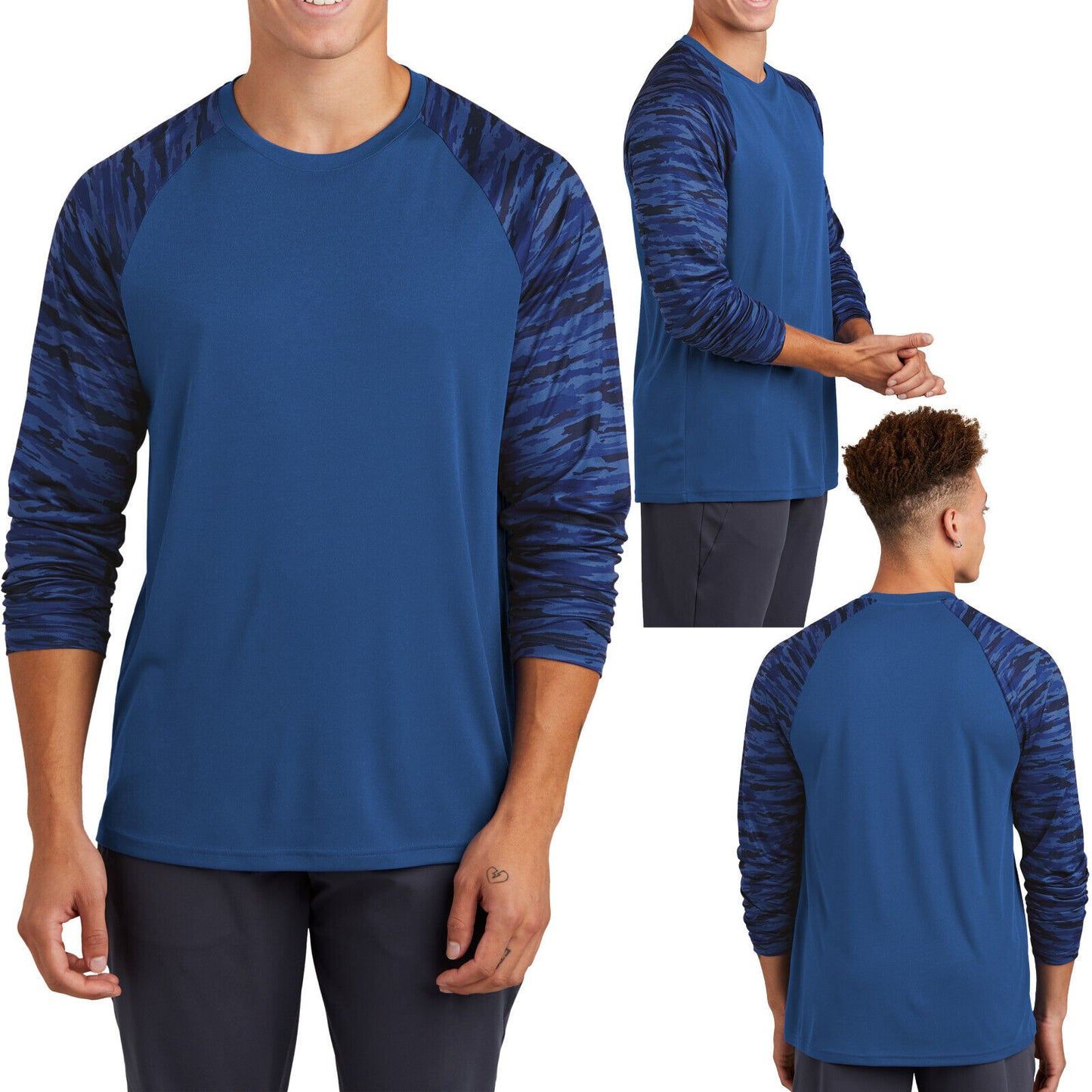 Mens Long Sleeve Color Block Camo Print Tee UPF30 Moisture Wicking T-Shirt XS-4X