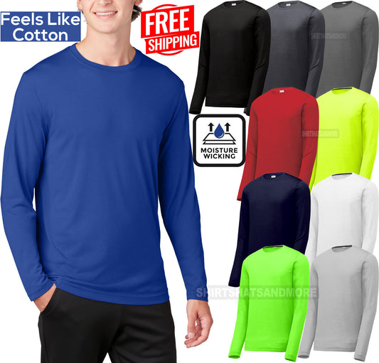 Mens 100% Poly "COTTON FEEL" Moisture Wicking Athletic Long Sleeve T-Shirt XS-4X