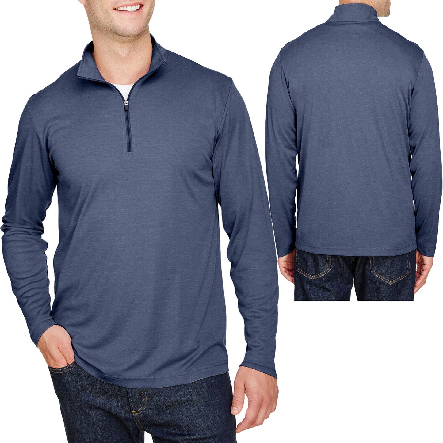 Mens Heather Long Sleeve QuarterZip Moisture Wicking UV Sun Protect Pullover Top