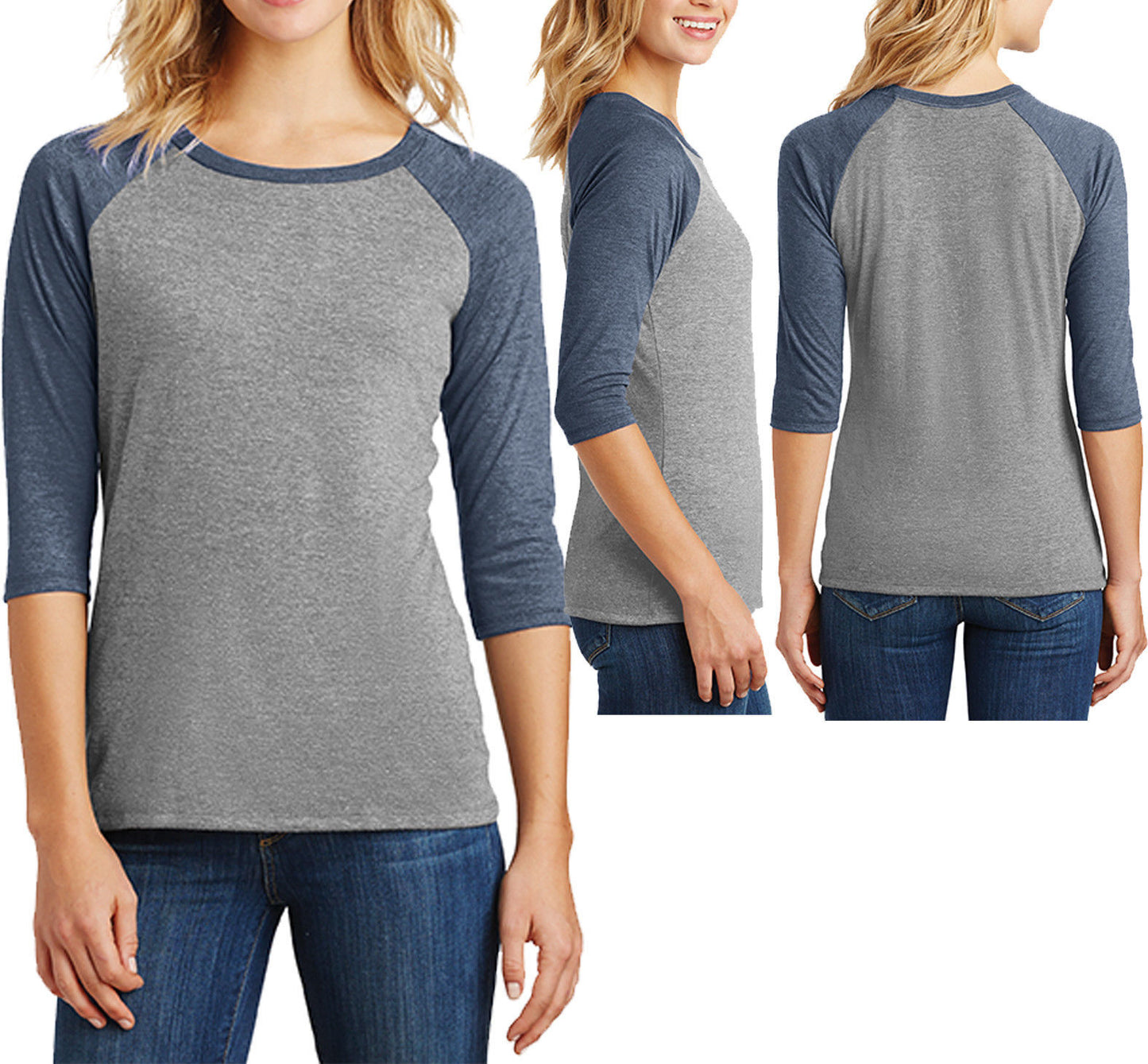 Ladies 3/4 Sleeve Tri Blend T-Shirt Raglan Tee Womens XS-XL 2XL, 3XL, 4XL NEW