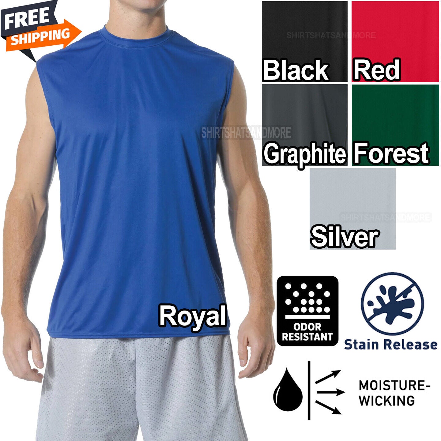 Mens Moisture Wicking Sleeveless T-Shirt Cooling Stain & Odor Resistant Tee S-3X