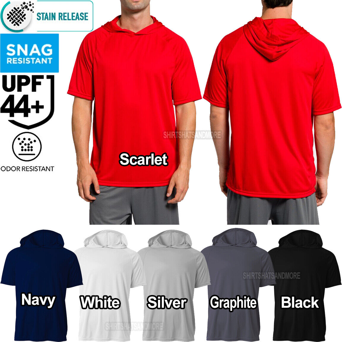 Mens Cooling Moisture Wicking Hooded T-Shirt Stain & Odor Resistant UPF44+ S-3XL