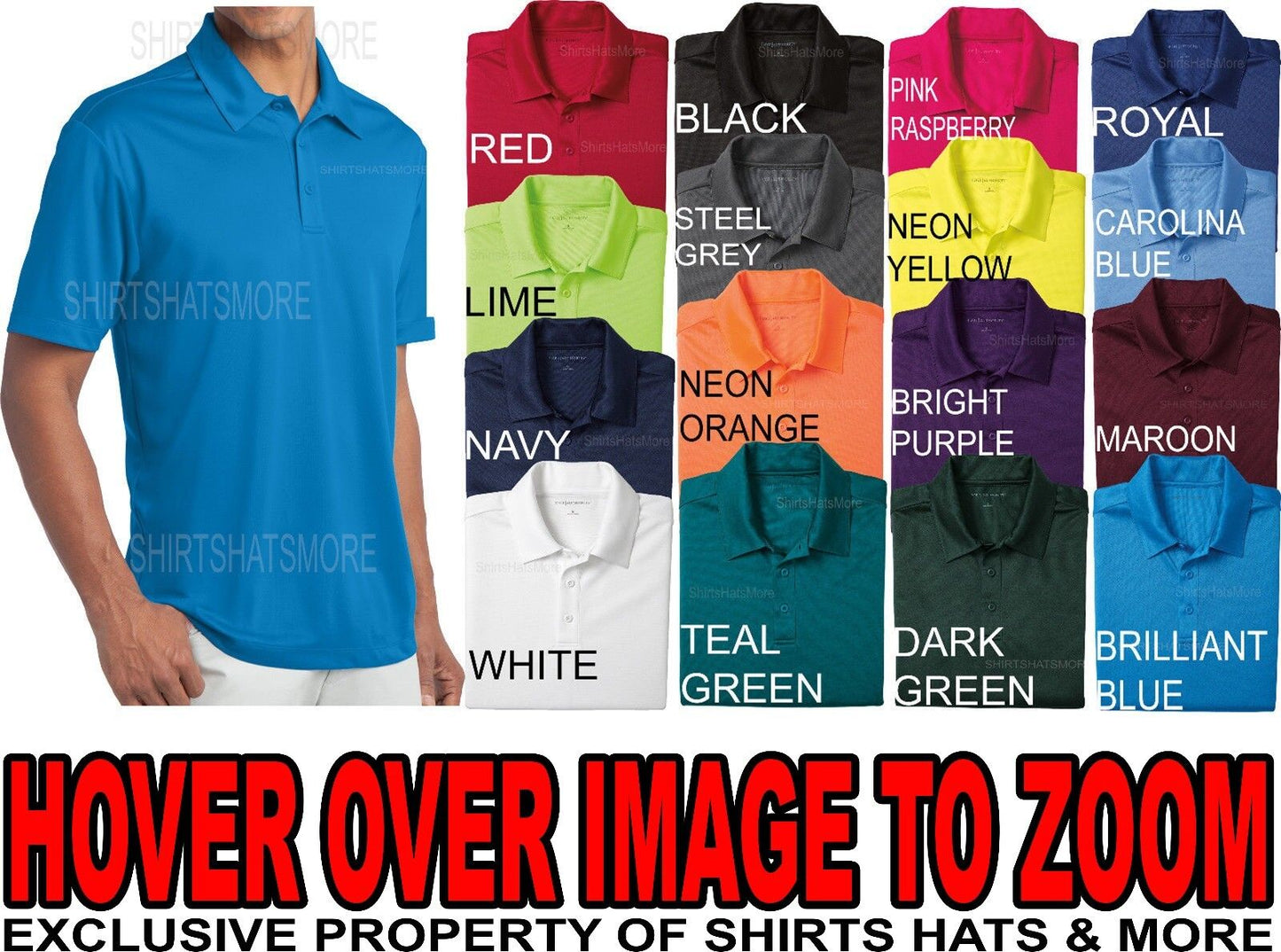 Mens Polo Shirt Moisture Wicking Performance dry fit Golf XS-XL, 2XL 3XL 4XL