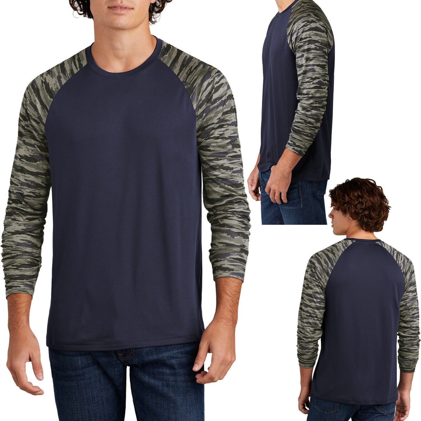 Mens Long Sleeve Color Block Camo Print Tee UPF30 Moisture Wicking T-Shirt XS-4X