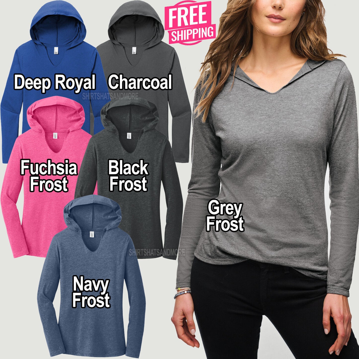 Ladies Long Sleeve Hooded T-Shirt Lightweight Tri Blend Womens Hoodie Tee XS-4XL