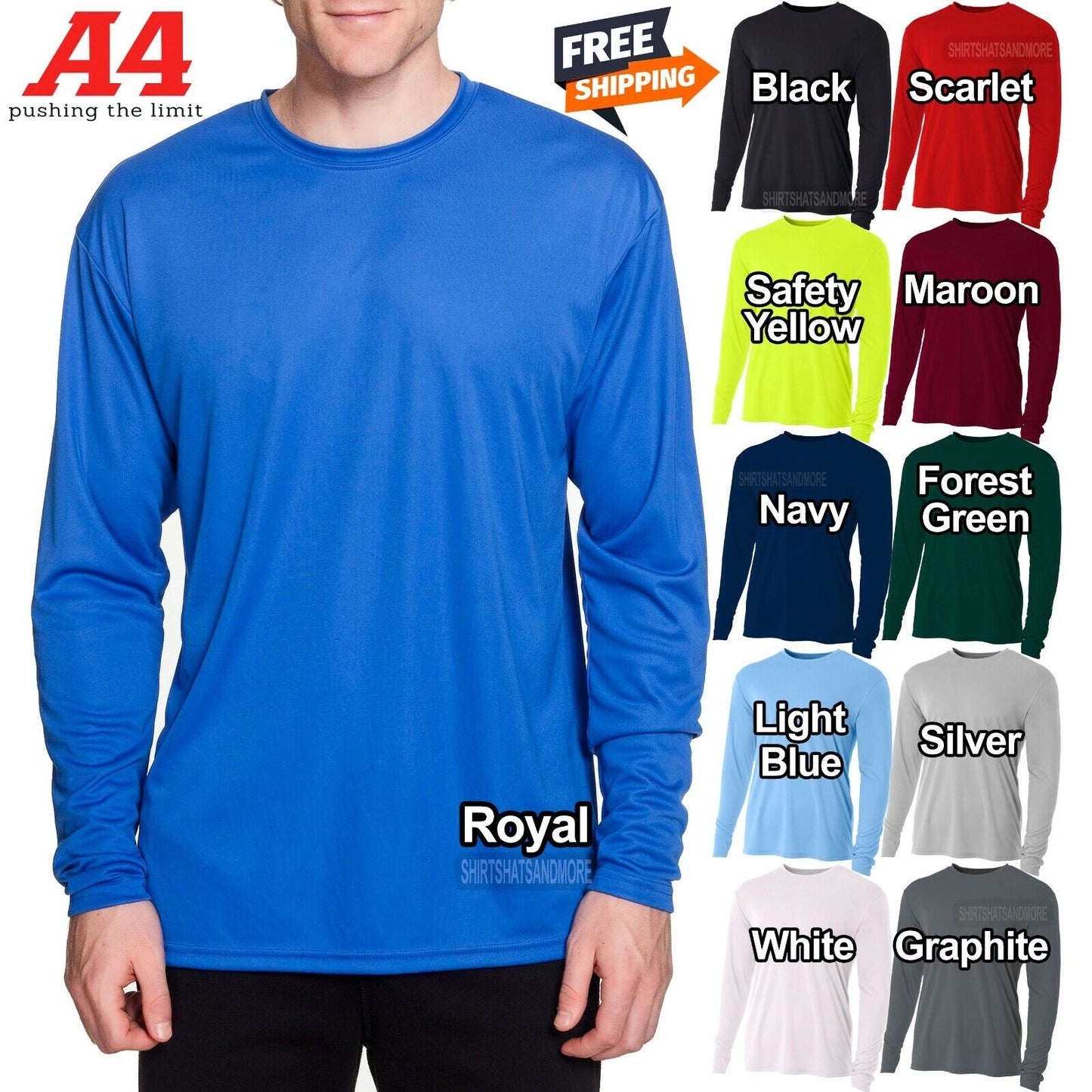 A4 Mens Moisture Wicking Long Sleeve T-Shirt Dri Fit Tee S M L, XL, 2XL, 3XL NEW