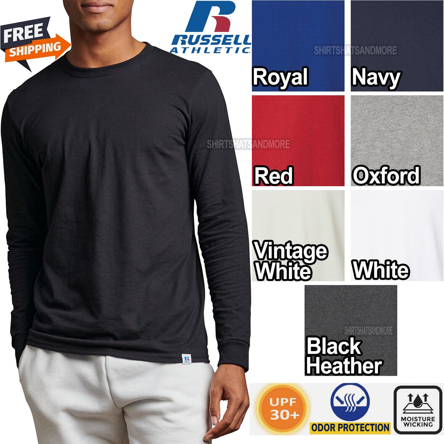 Russell Mens Dri Fit Moisture Wicking Long Sleeve T-Shirt Odor Protect UPF30 Tee