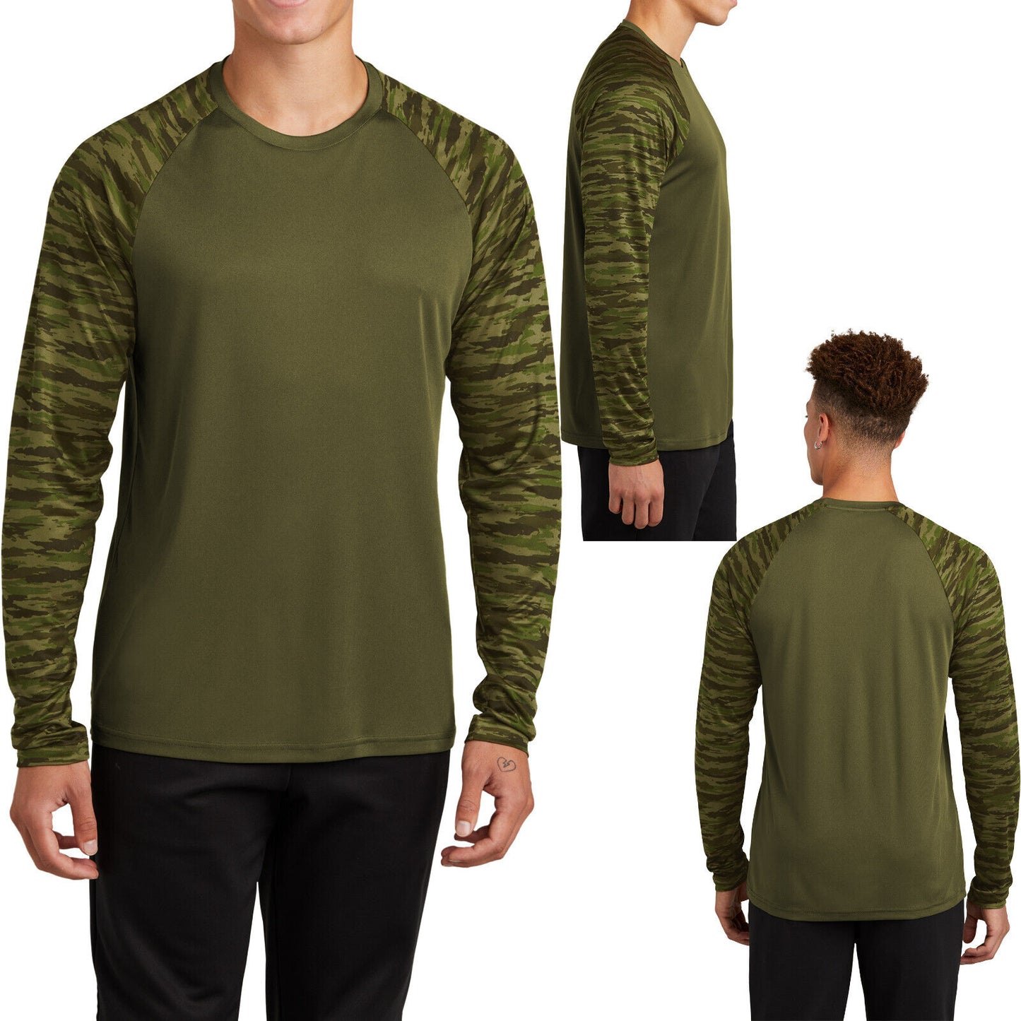 Mens Long Sleeve Color Block Camo Print Tee UPF30 Moisture Wicking T-Shirt XS-4X