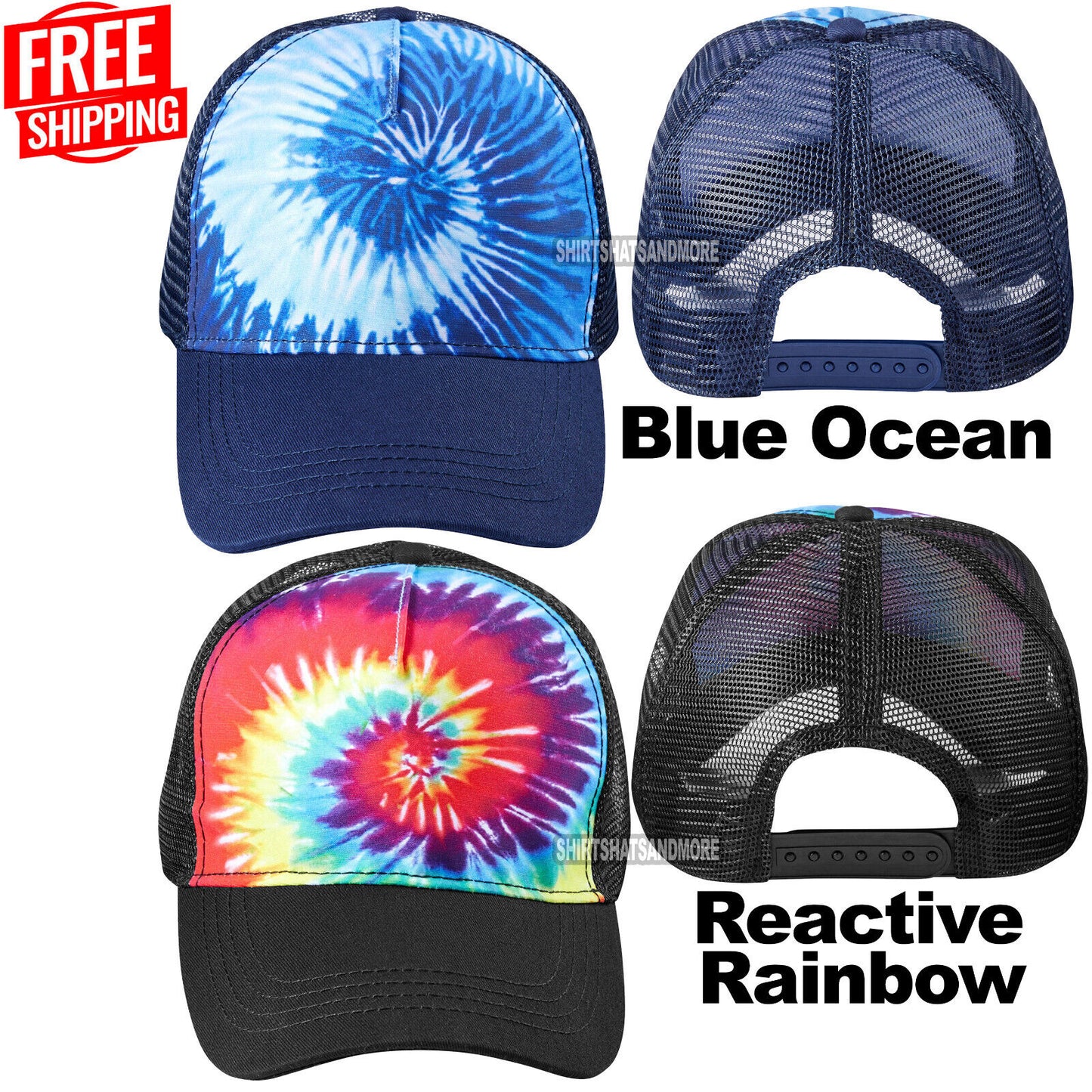 Mens Tie Dye Cap Mesh Back Structured Trucker Hat Tye Die Blue Ocean & Rainbow