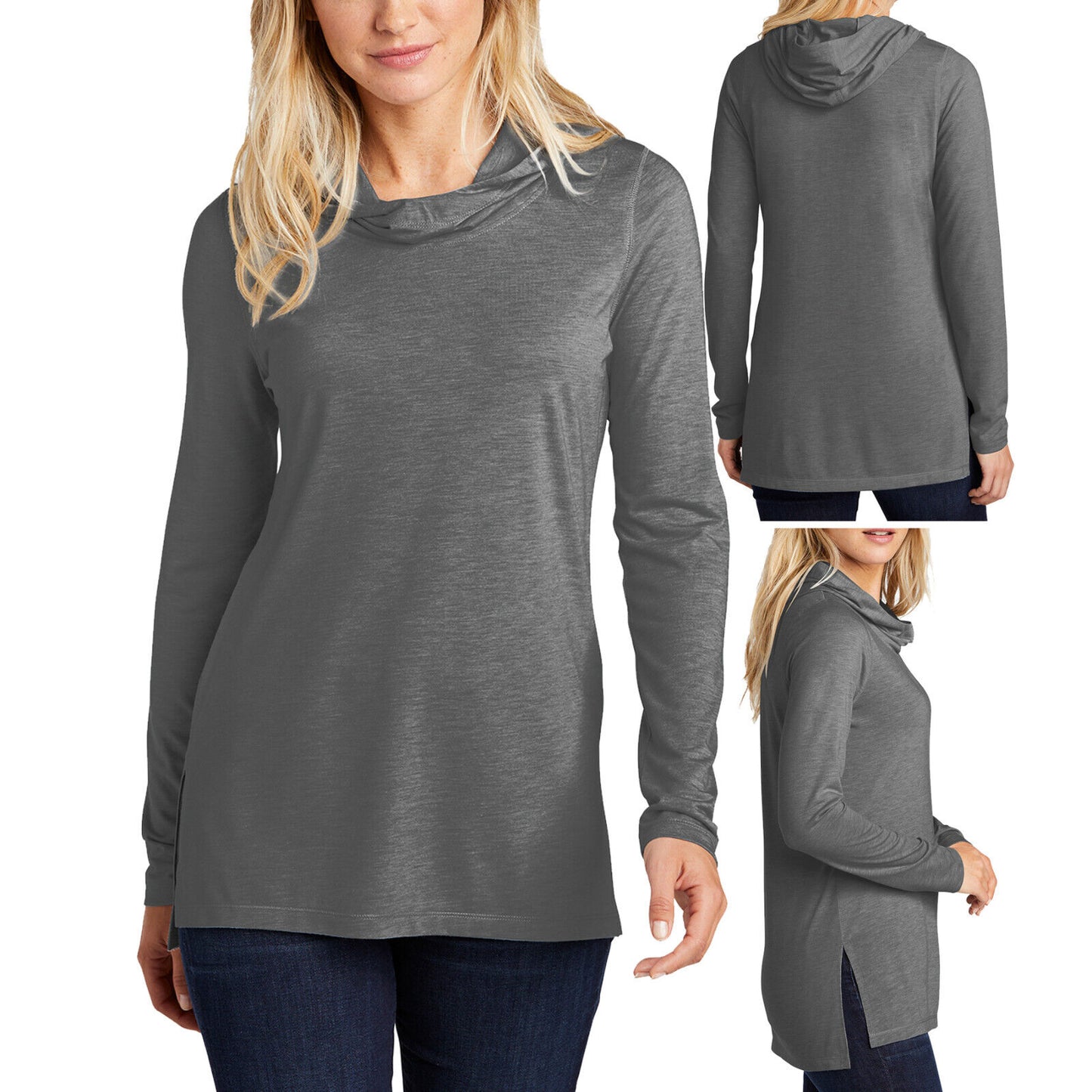 Womens Long Sleeve Tri Blend Hoodie T-Shirt Ladies Moisture Wicking Tee XS-4XL