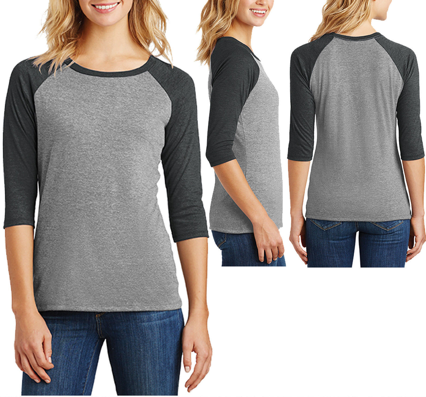 Ladies 3/4 Sleeve T-Shirt Raglan Tri Blend Tee Womens XS-XL 2XL, 3XL, 4XL NEW