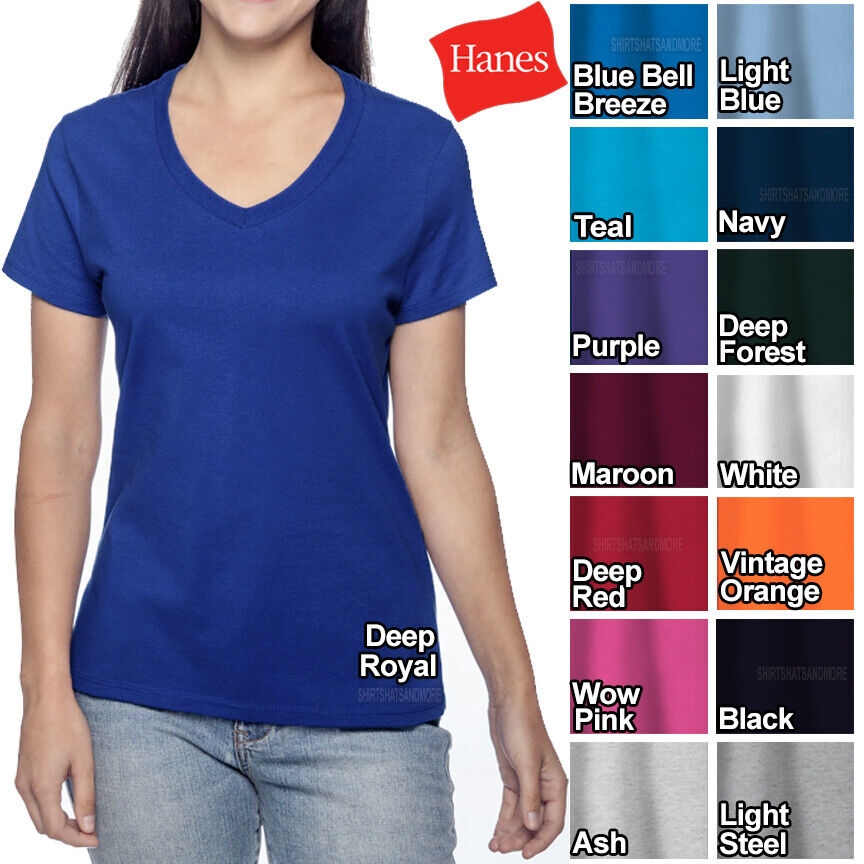 Hanes Ladies V-Neck T-Shirt 100% Cotton Nano Tee Top XS-2XL Womens Tee NEW