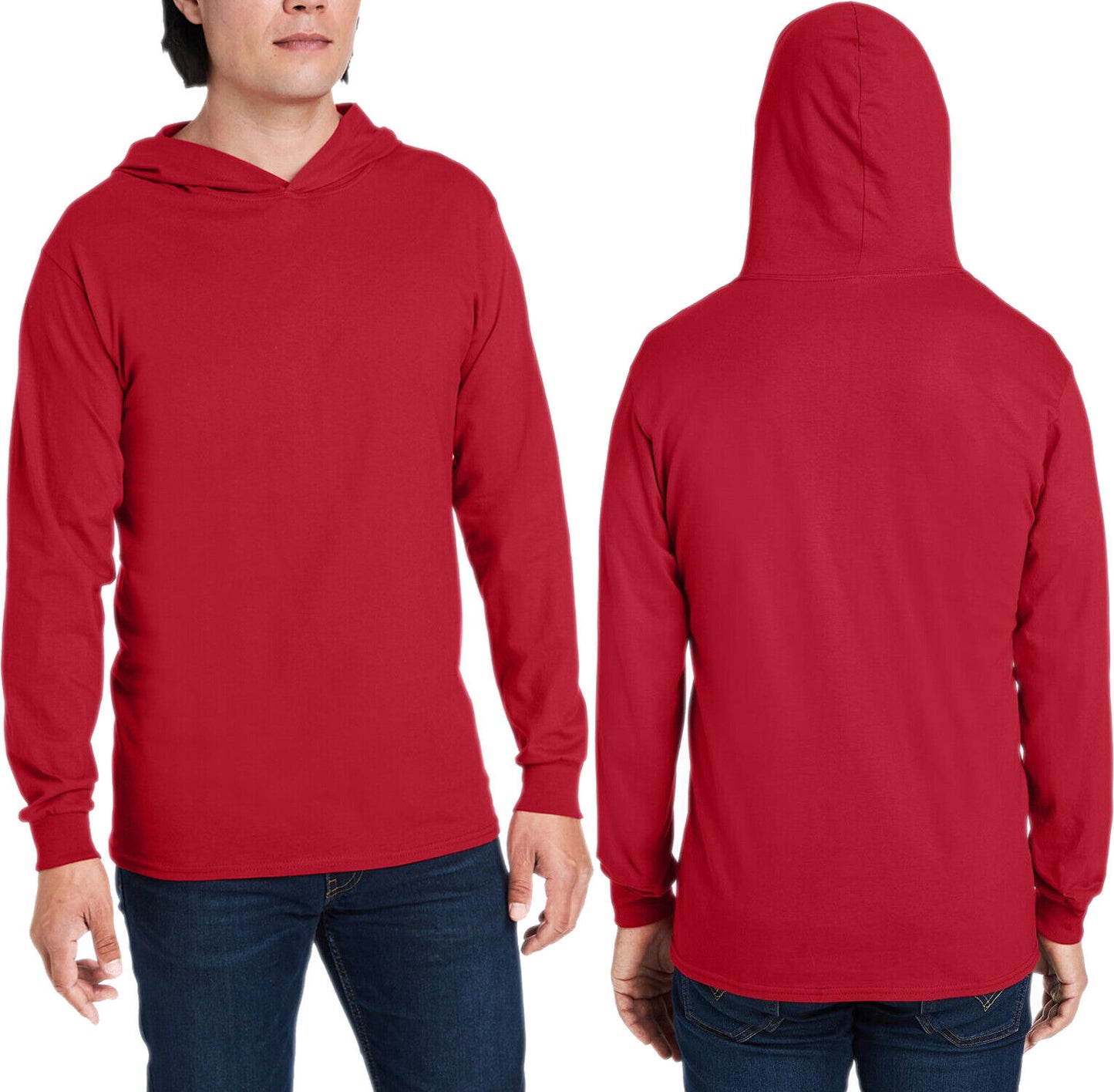 Mens Fruit of the Loom Long Sleeve Hooded T-Shirt 100% PreShrunk Cotton Tee S-3X