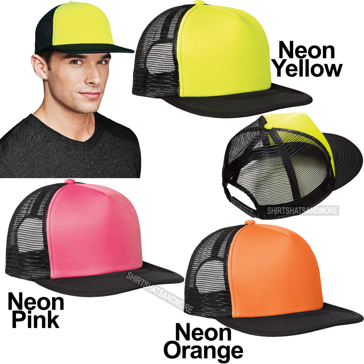 NEONS Flat Bill Snapback Trucker Cap High Profile Mesh Back Hat NEW!