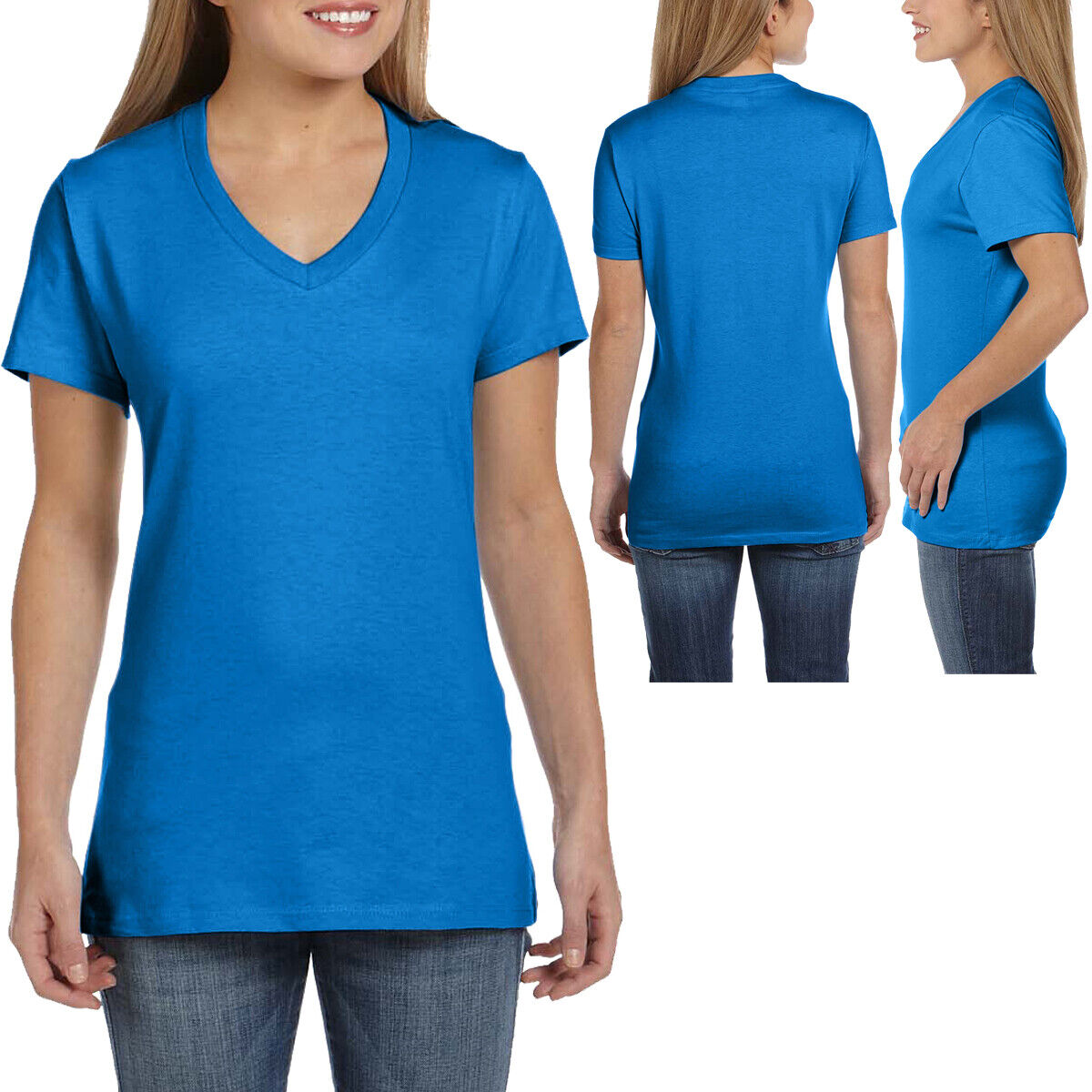 Hanes Ladies V-Neck T-Shirt 100% Cotton Nano Tee Top XS-2XL Womens Tee NEW