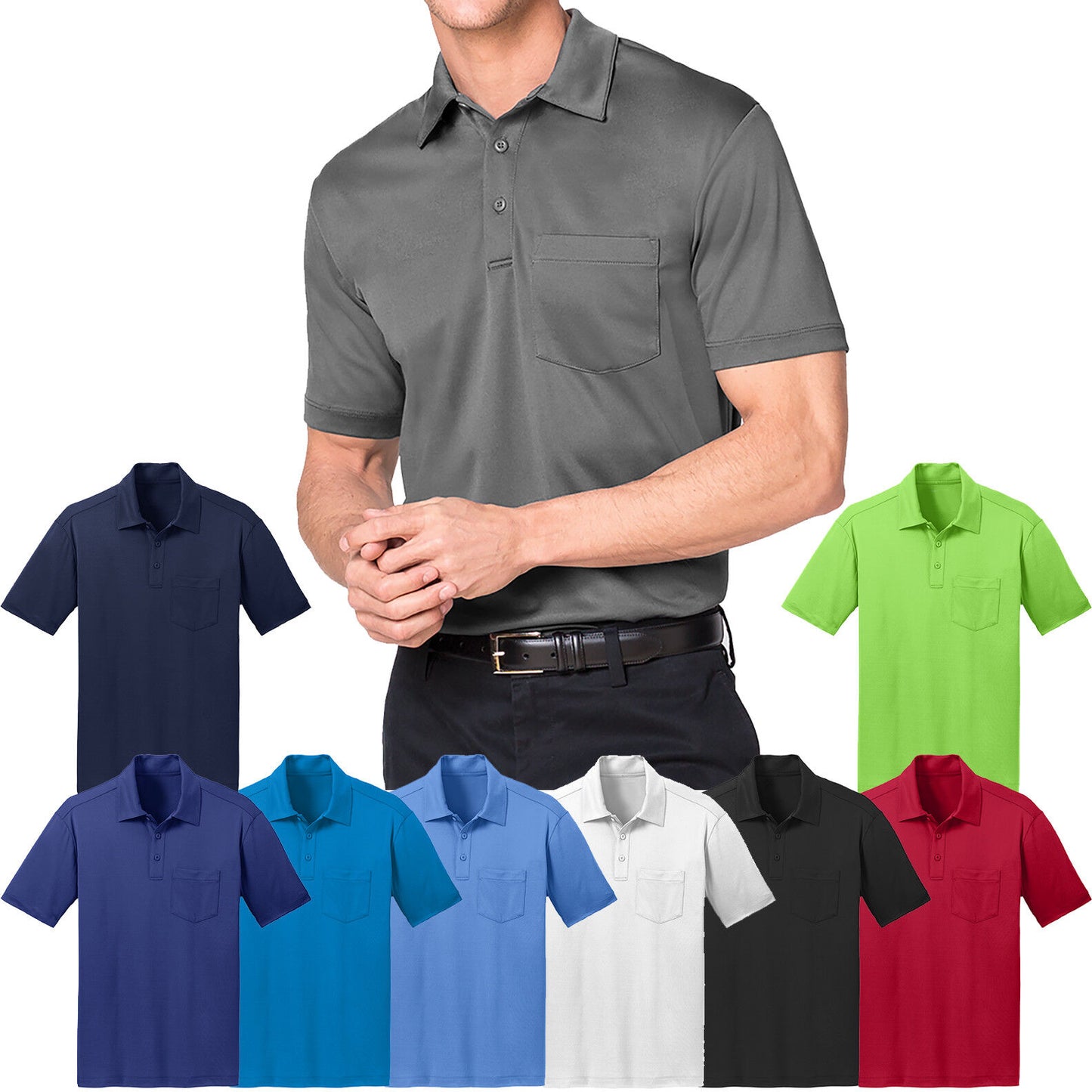 Mens POCKET Polo Shirt Moisture Wicking Poly Performance XS-XL 2XL, 3XL, 4XL NEW