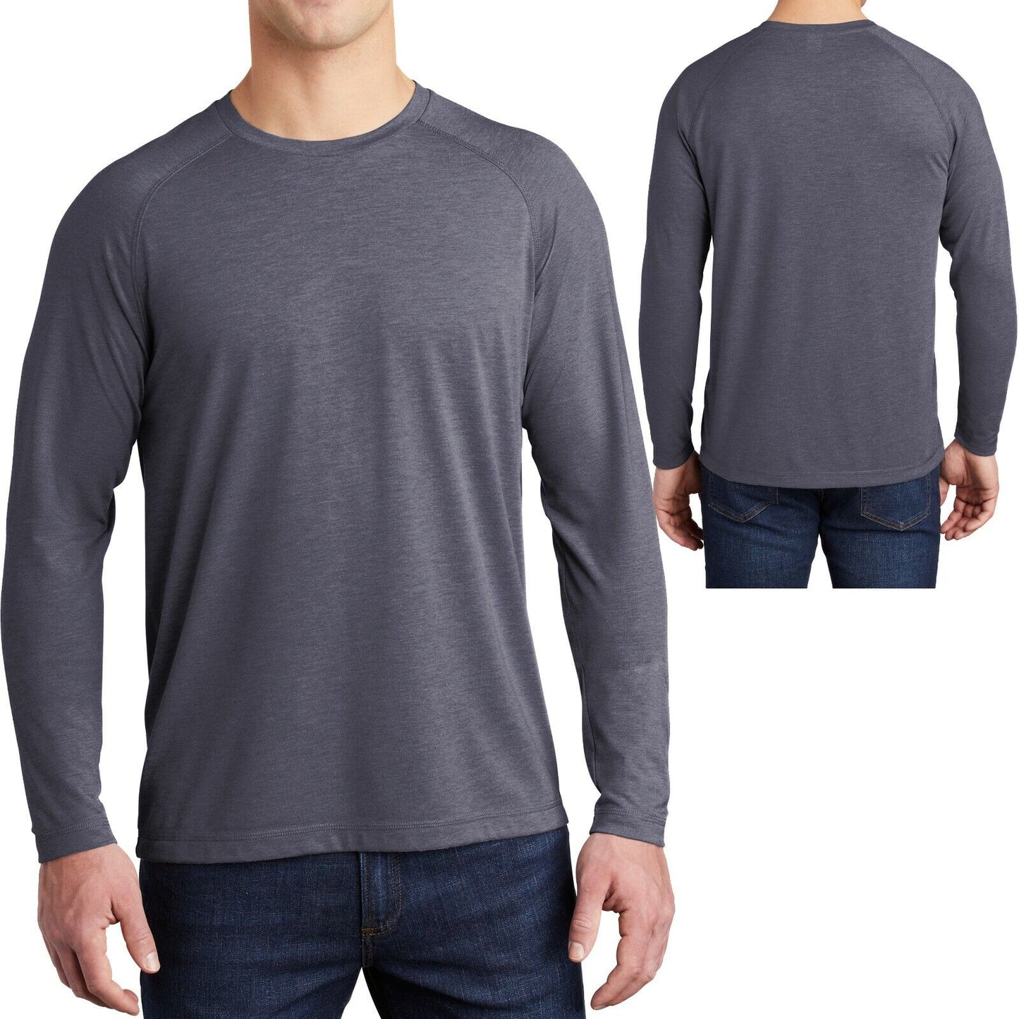 Mens Long Sleeve Tri Blend T-Shirt Moisture Wicking Tee XS-XL 2XL, 3XL, 4XL NEW