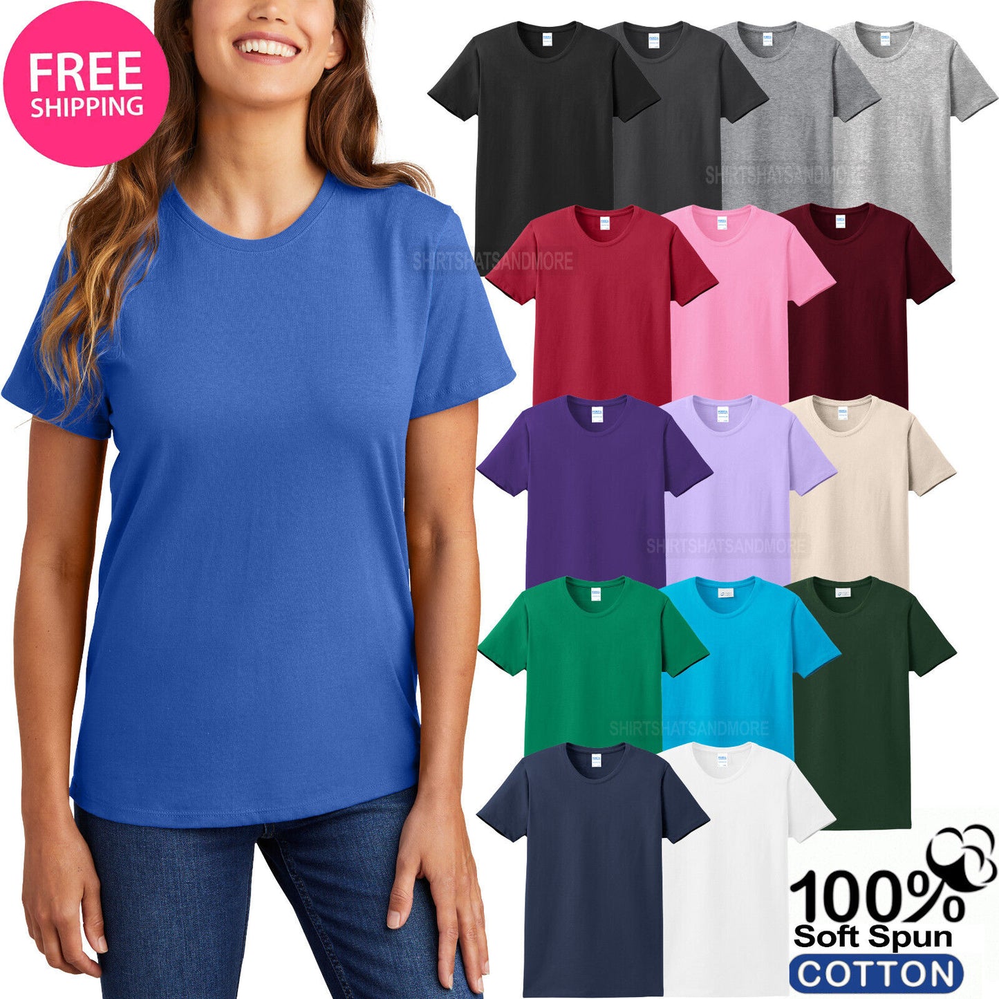 Womens 100% Soft Spun Cotton Short Sleeve Tee Ladies T-Shirt Top XS-4XL NEW!