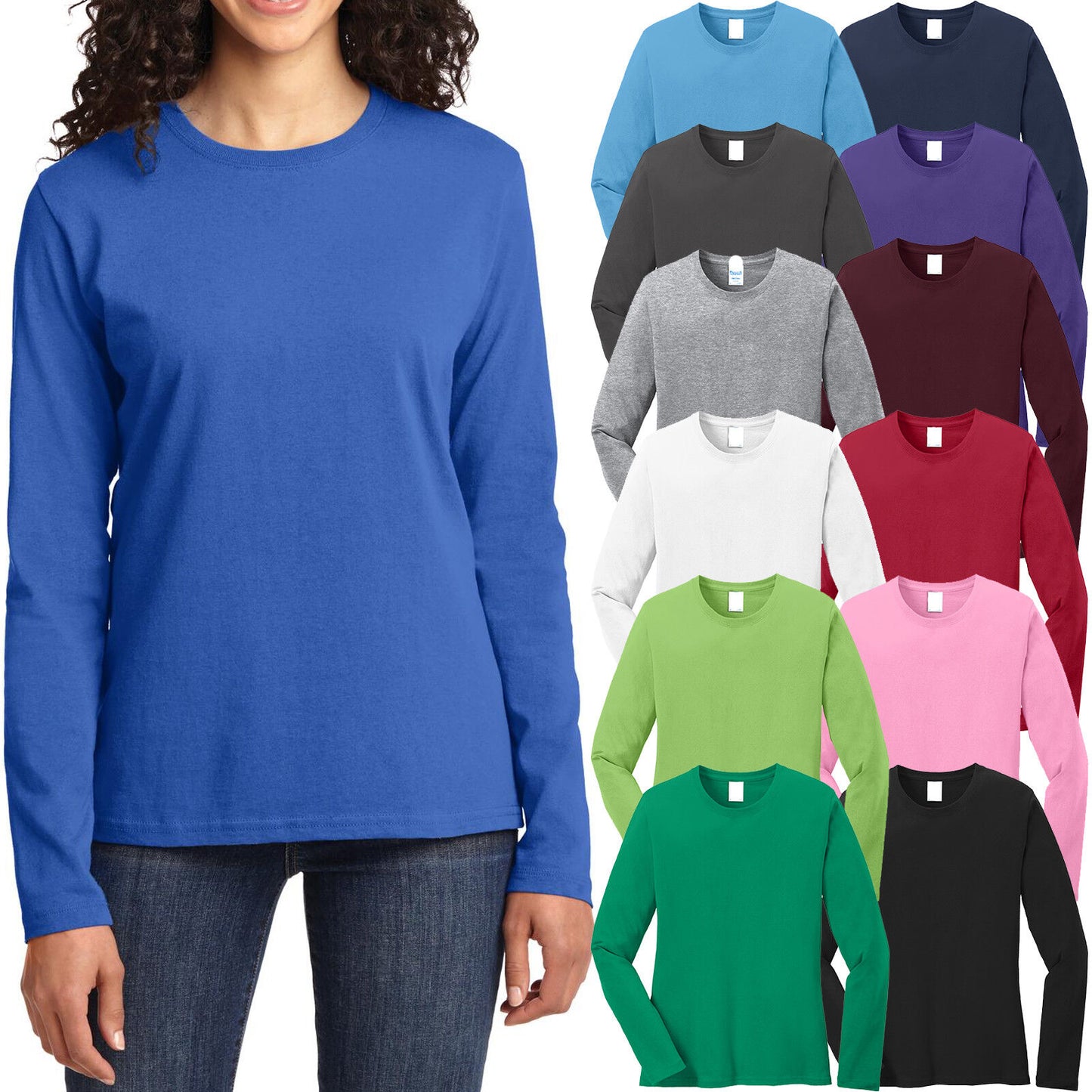 Ladies Long Sleeve T-Shirt Preshrunk 100% Cotton Womens Tee XS-XL, 2XL, 3XL, 4XL