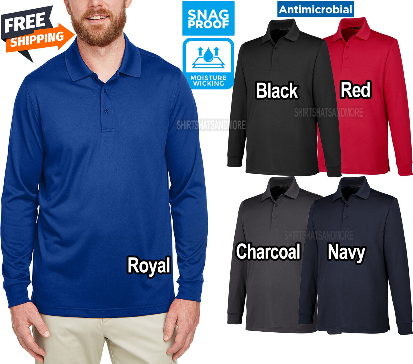 Mens TALL Long Sleeve Moisture Wicking Snag Protection Polo Shirt LT-4XLT NEW!