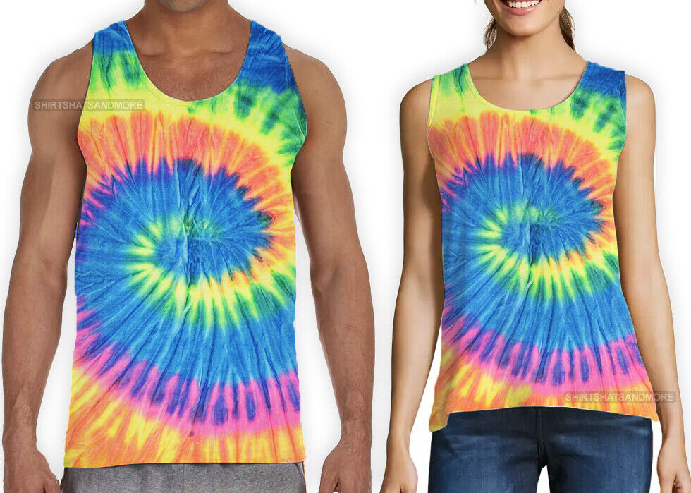 Mens and Ladies NEON Tie Dye TANK TOP Spiral Tye Die Sleeveless T-Shirt S-2XL