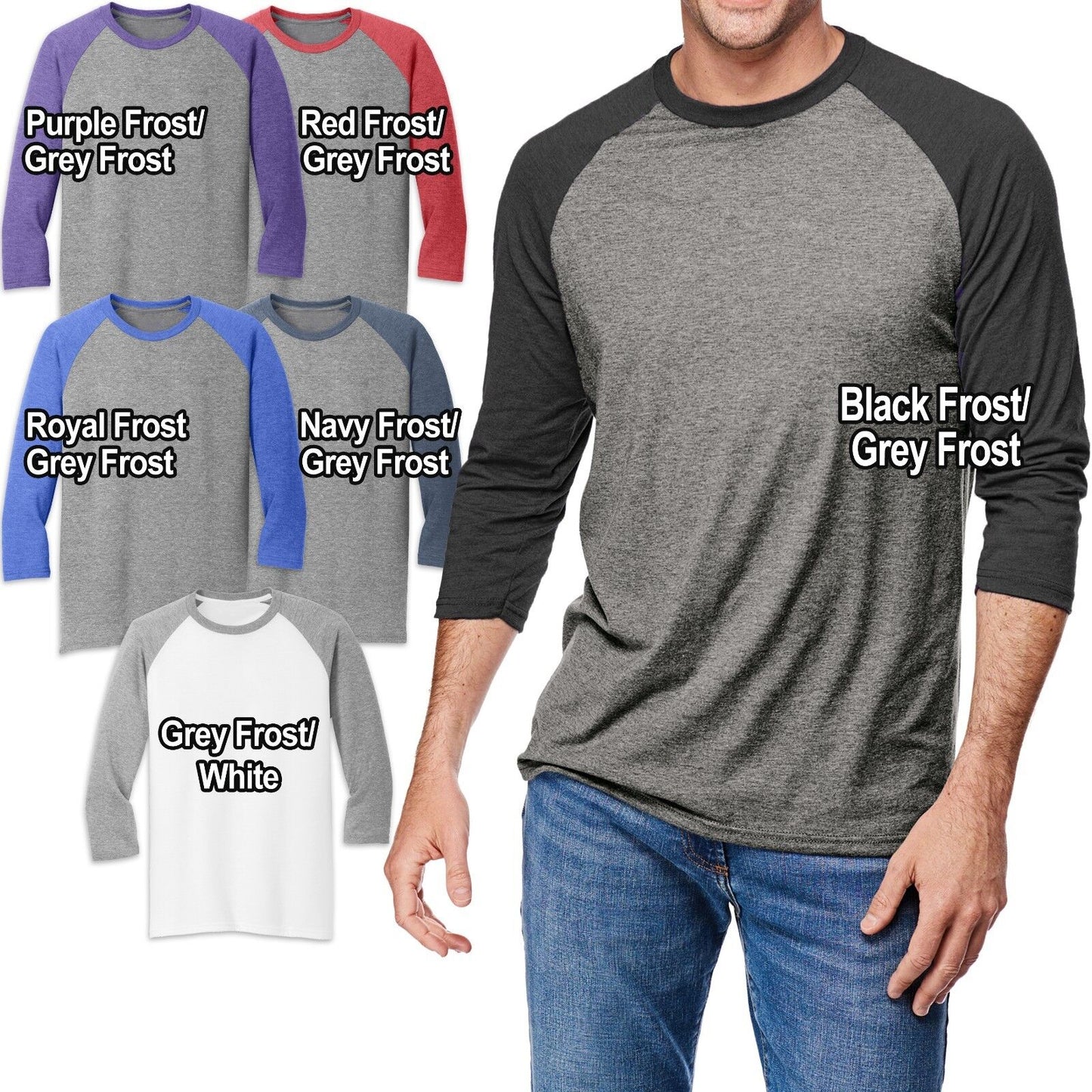 Mens Tri Blend T Shirt 3/4 Sleeve Raglan Baseball Tee S, M, L, XL, 2XL, 3XL, 4XL